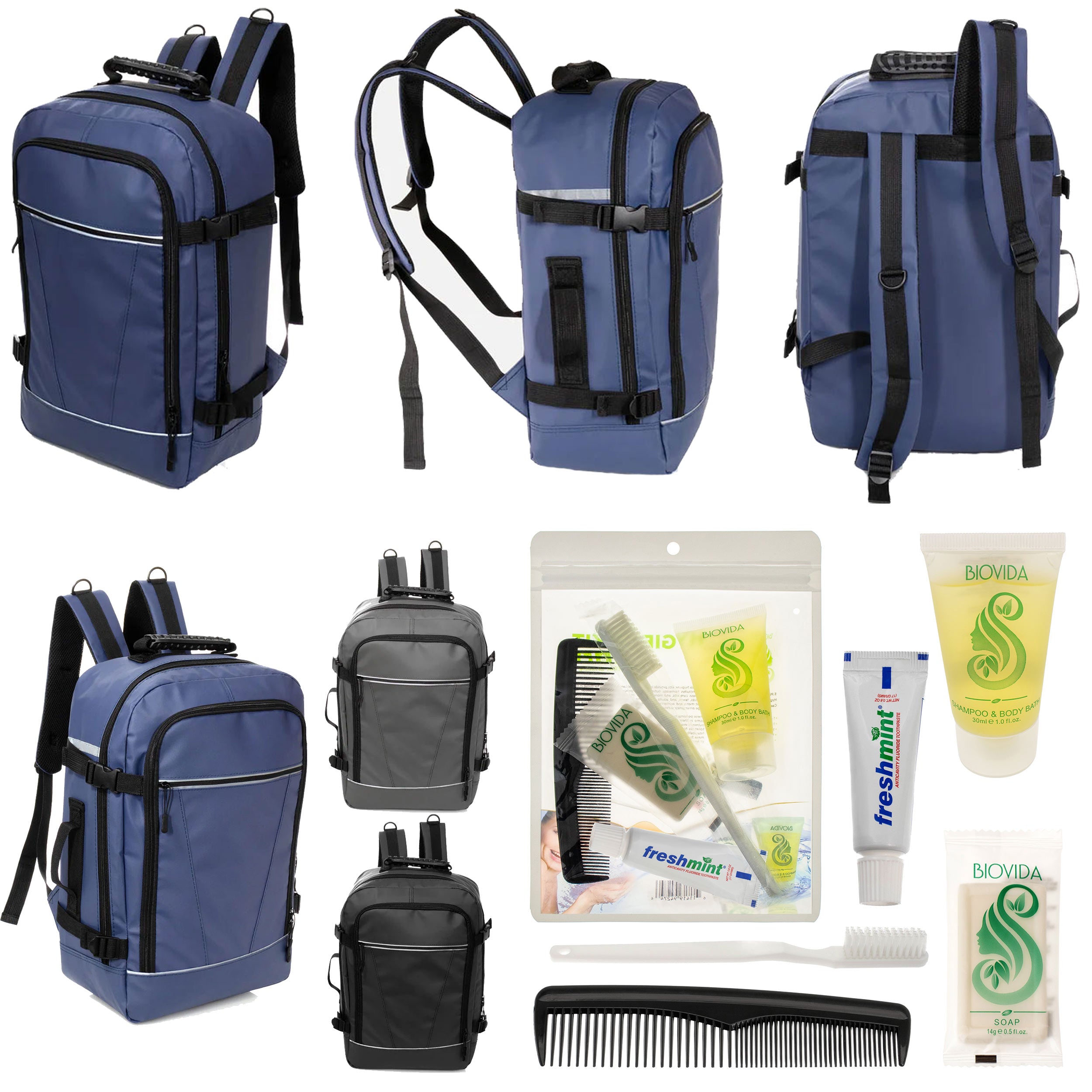 12 Deluxe 18" Travel Backpacks in 3 Colors & Your Choice of 12 Bulk Hygiene Kits - Wholesale Care Package: Homeless, Emergency, Charity