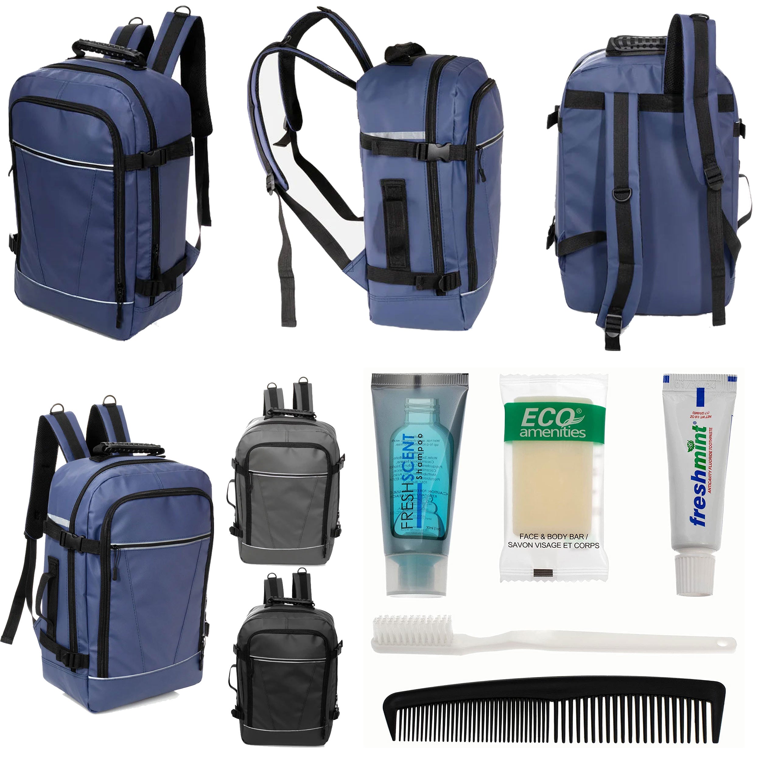 12 Deluxe 18" Travel Backpacks in 3 Colors & Your Choice of 12 Bulk Hygiene Kits - Wholesale Care Package: Homeless, Emergency, Charity