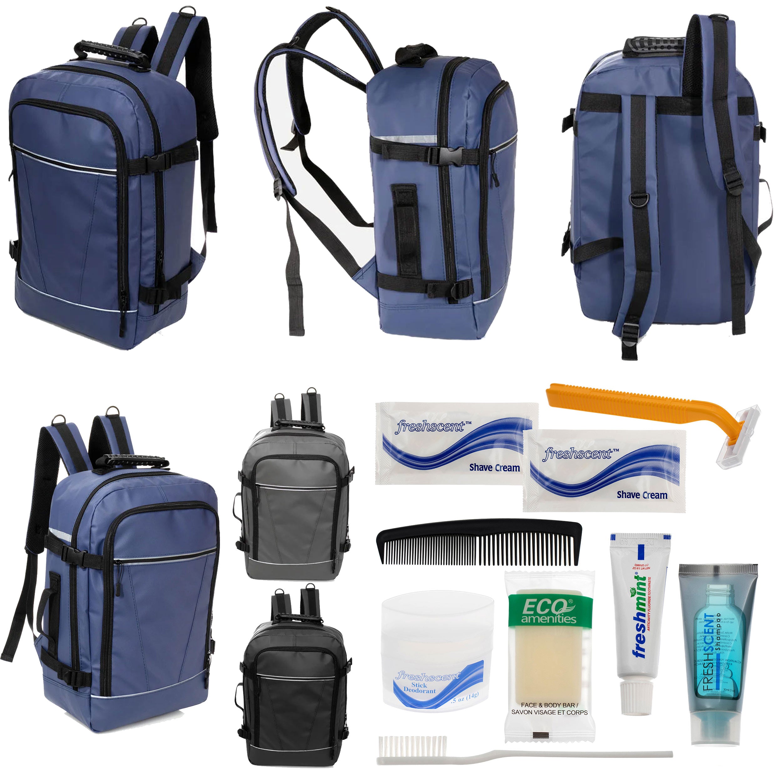 12 Deluxe 18" Travel Backpacks in 3 Colors & Your Choice of 12 Bulk Hygiene Kits - Wholesale Care Package: Homeless, Emergency, Charity