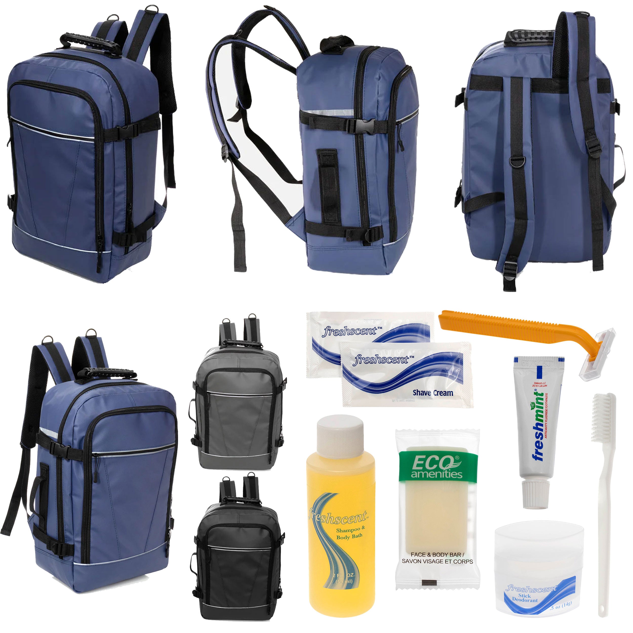 12 Deluxe 18" Travel Backpacks in 3 Colors & Your Choice of 12 Bulk Hygiene Kits - Wholesale Care Package: Homeless, Emergency, Charity