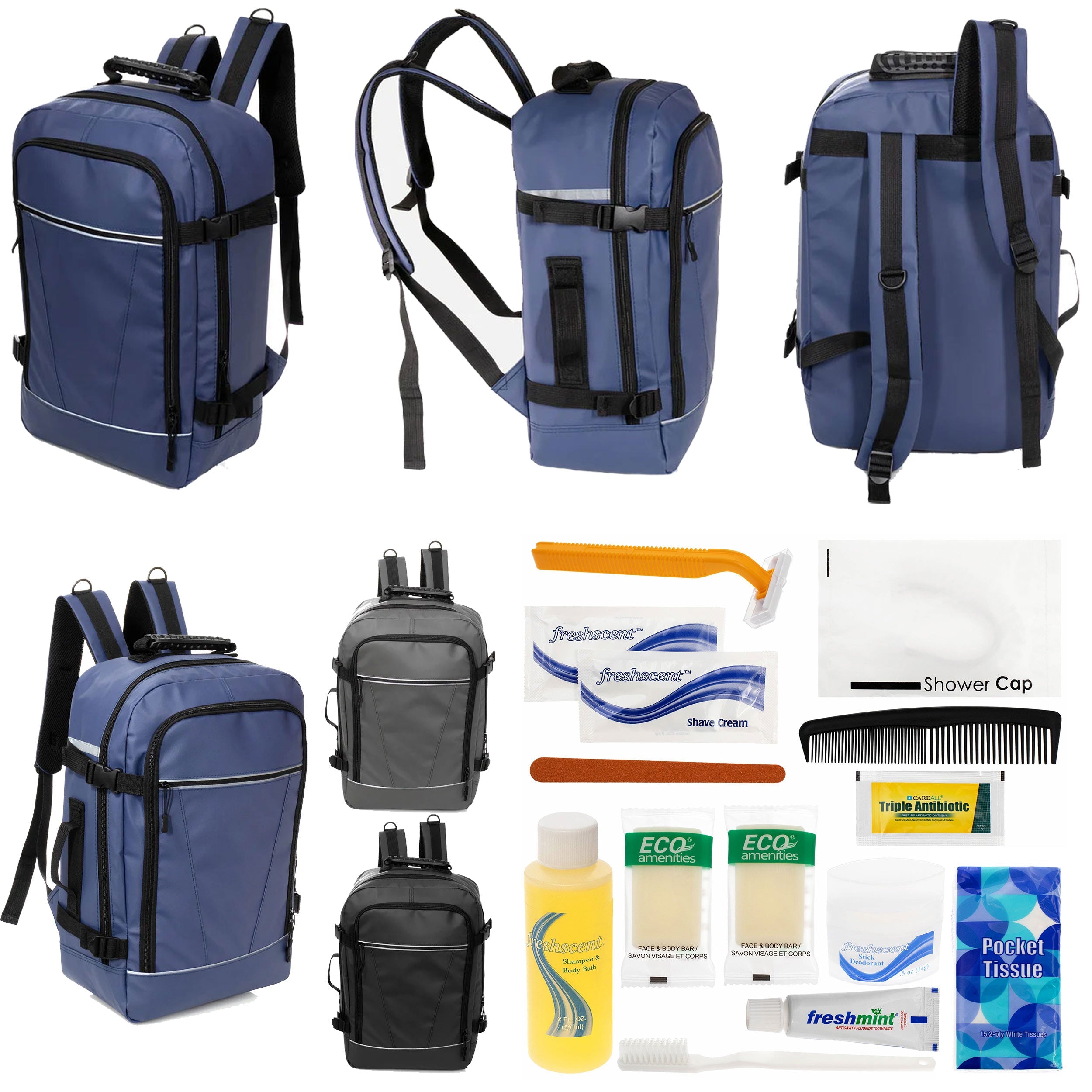 12 Deluxe 18" Travel Backpacks in 3 Colors & Your Choice of 12 Bulk Hygiene Kits - Wholesale Care Package: Homeless, Emergency, Charity