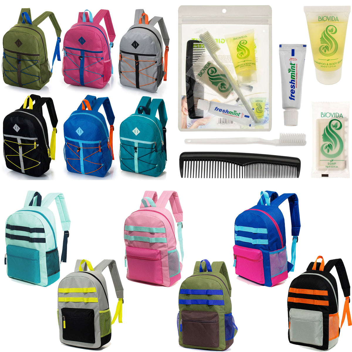 12 Daisy Chain & Bungee Design 17" Backpacks & Your Choice of 12 Bulk Hygiene Kits - Wholesale Care Package: Homeless, Emergency, Charity