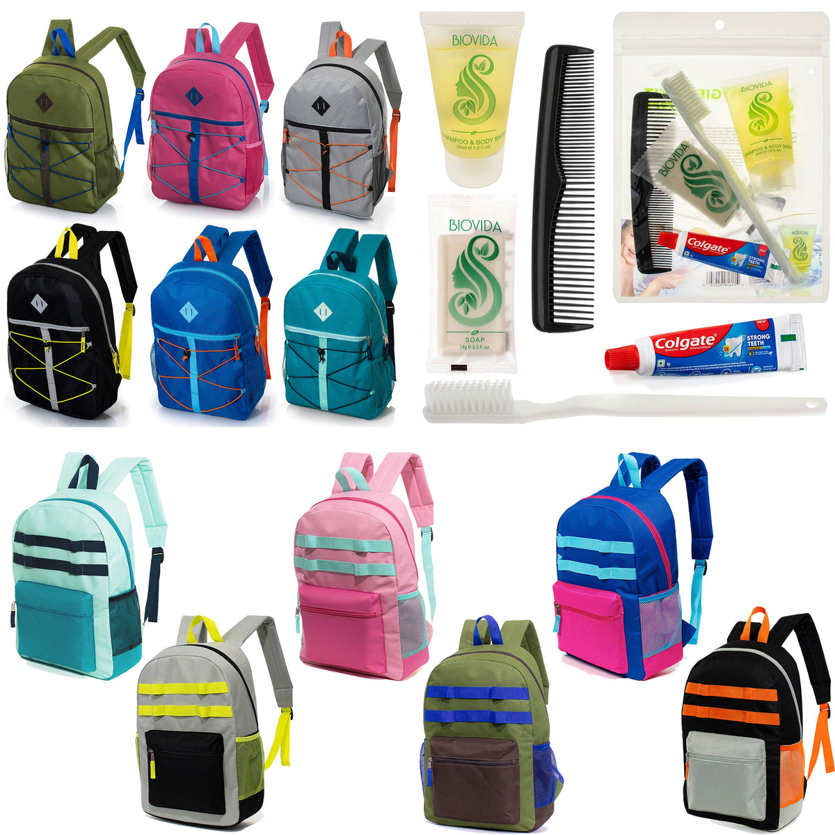12 Daisy Chain & Bungee Design 17" Backpacks & Your Choice of 12 Bulk Hygiene Kits - Wholesale Care Package: Homeless, Emergency, Charity