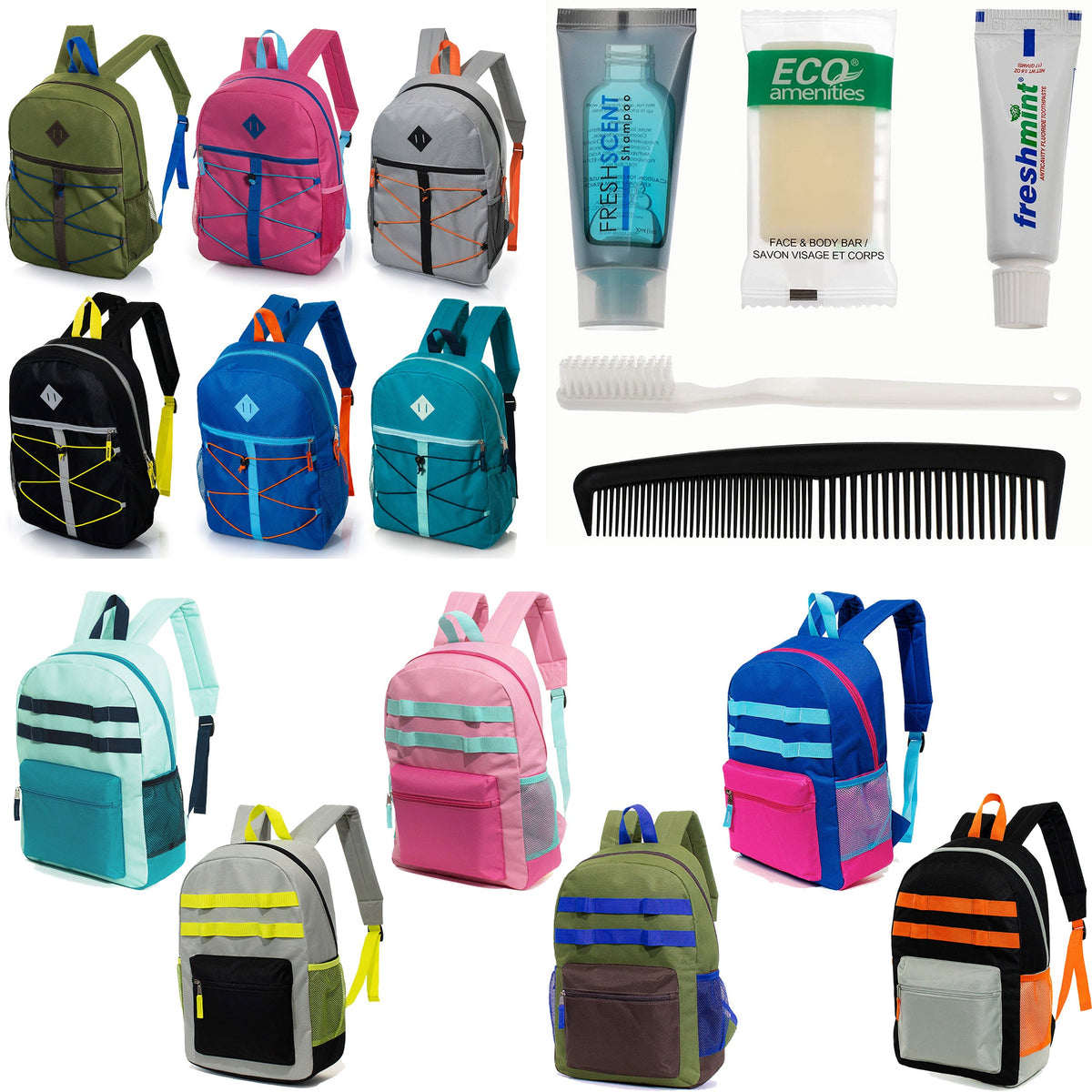 12 Daisy Chain & Bungee Design 17" Backpacks & Your Choice of 12 Bulk Hygiene Kits - Wholesale Care Package: Homeless, Emergency, Charity
