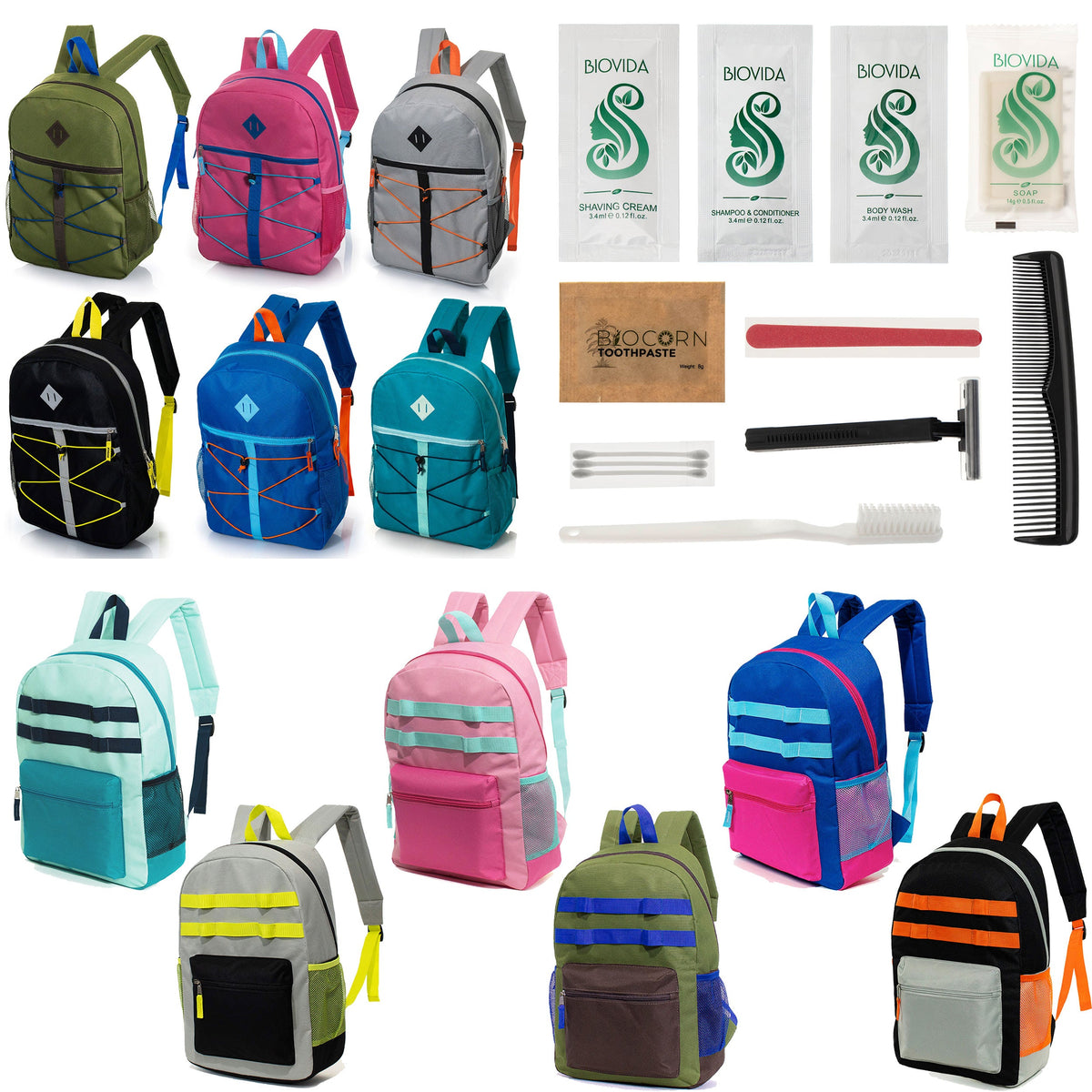 12 Daisy Chain & Bungee Design 17" Backpacks & Your Choice of 12 Bulk Hygiene Kits - Wholesale Care Package: Homeless, Emergency, Charity