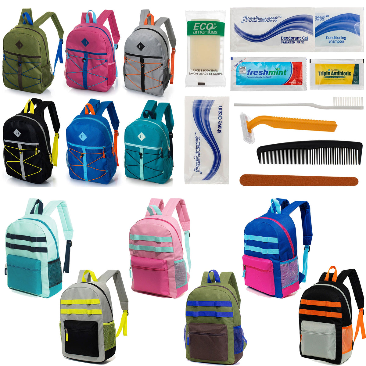 12 Daisy Chain & Bungee Design 17" Backpacks & Your Choice of 12 Bulk Hygiene Kits - Wholesale Care Package: Homeless, Emergency, Charity