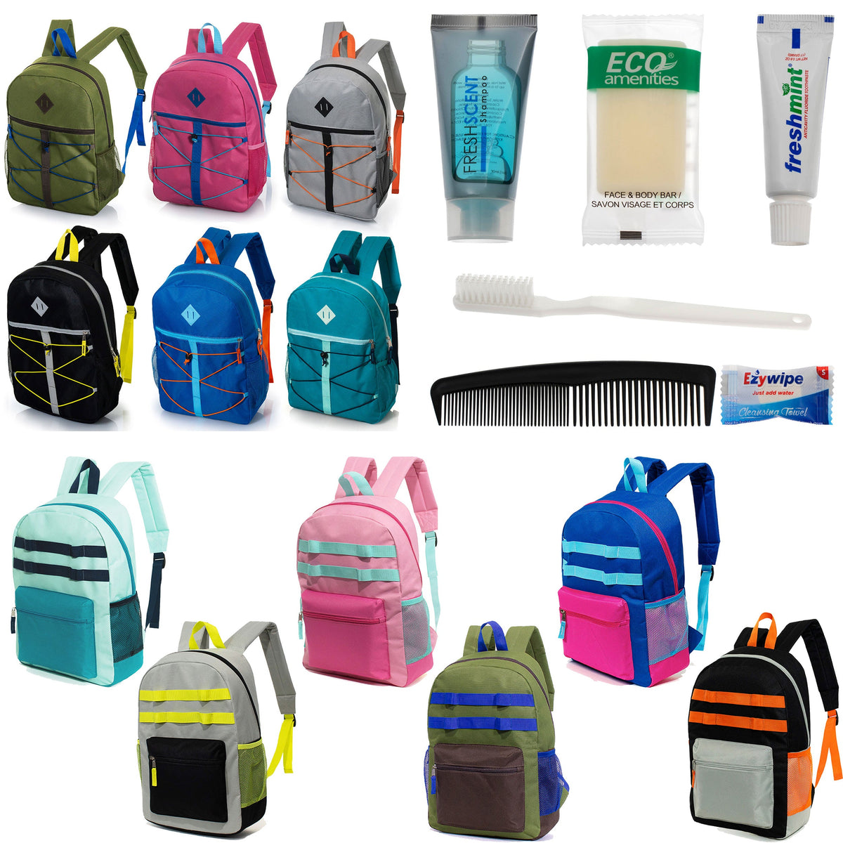 12 Daisy Chain & Bungee Design 17" Backpacks & Your Choice of 12 Bulk Hygiene Kits - Wholesale Care Package: Homeless, Emergency, Charity