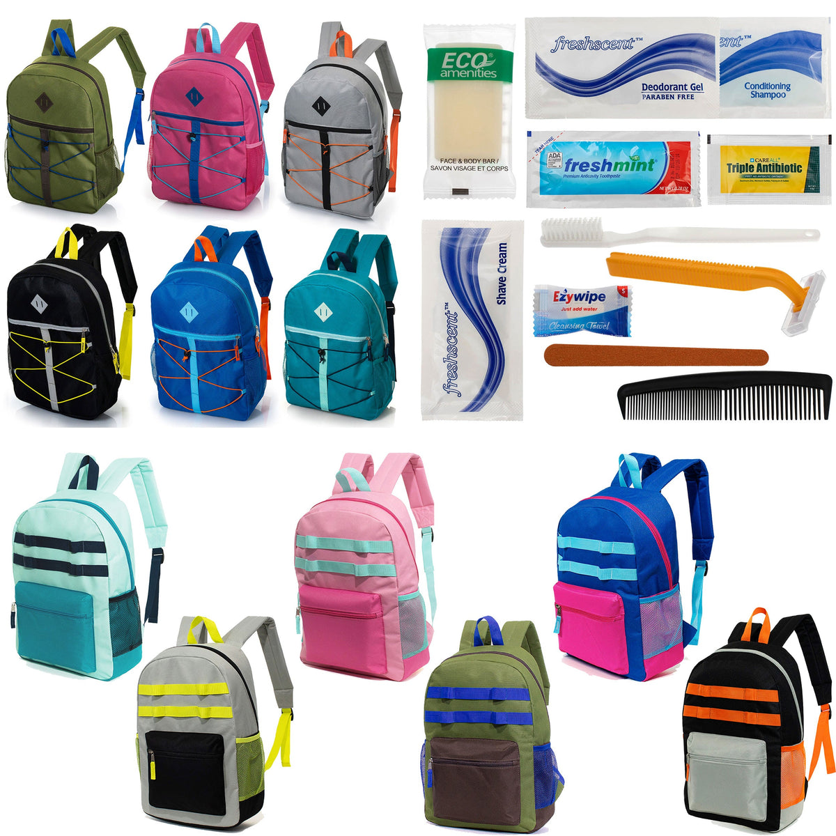 12 Daisy Chain & Bungee Design 17" Backpacks & Your Choice of 12 Bulk Hygiene Kits - Wholesale Care Package: Homeless, Emergency, Charity