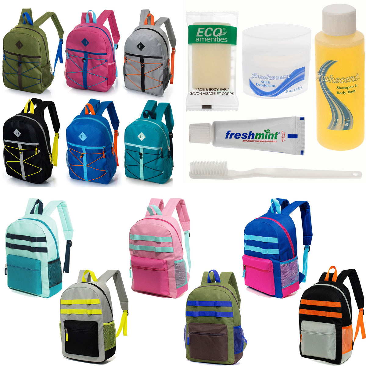 12 Daisy Chain & Bungee Design 17" Backpacks & Your Choice of 12 Bulk Hygiene Kits - Wholesale Care Package: Homeless, Emergency, Charity