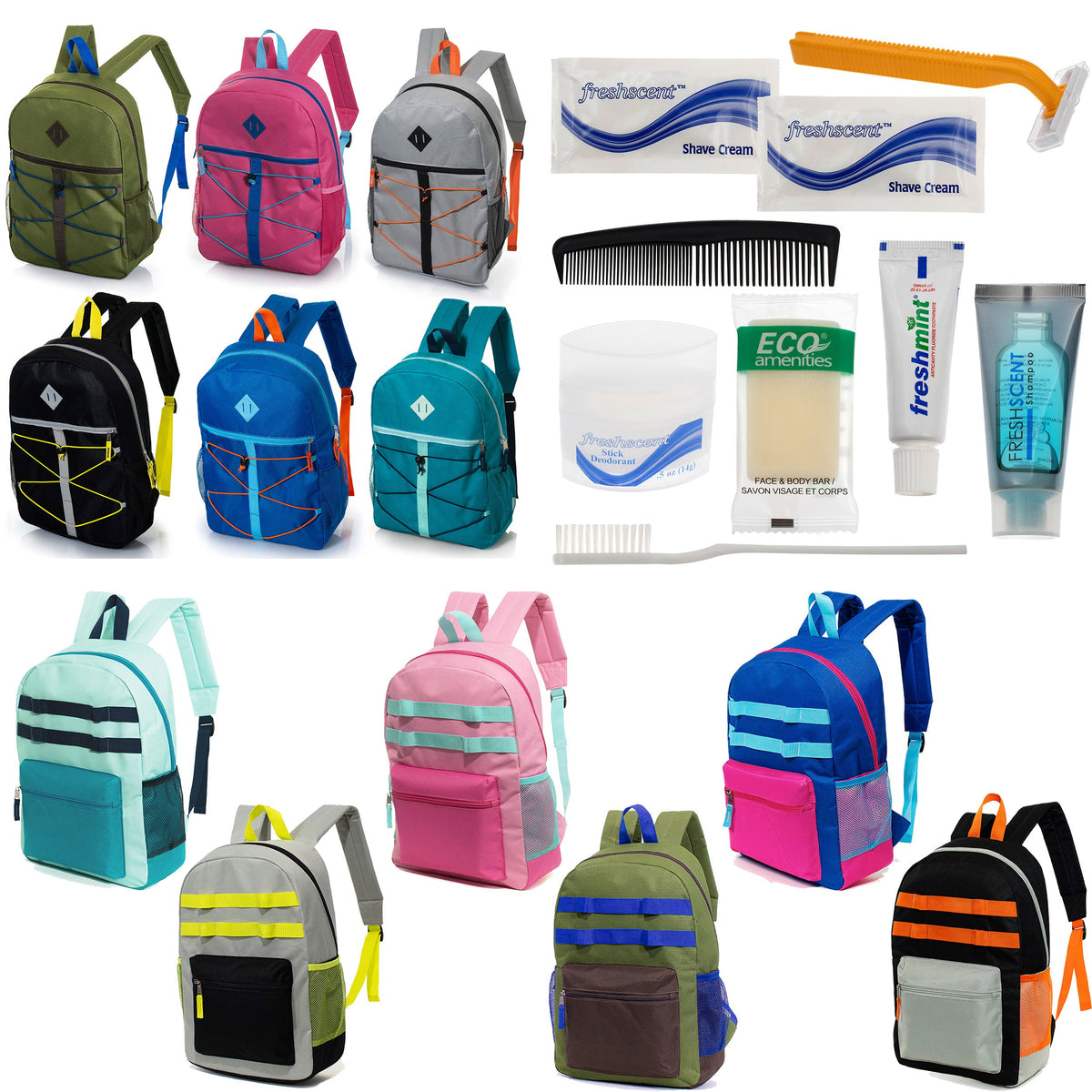 12 Daisy Chain & Bungee Design 17" Backpacks & Your Choice of 12 Bulk Hygiene Kits - Wholesale Care Package: Homeless, Emergency, Charity