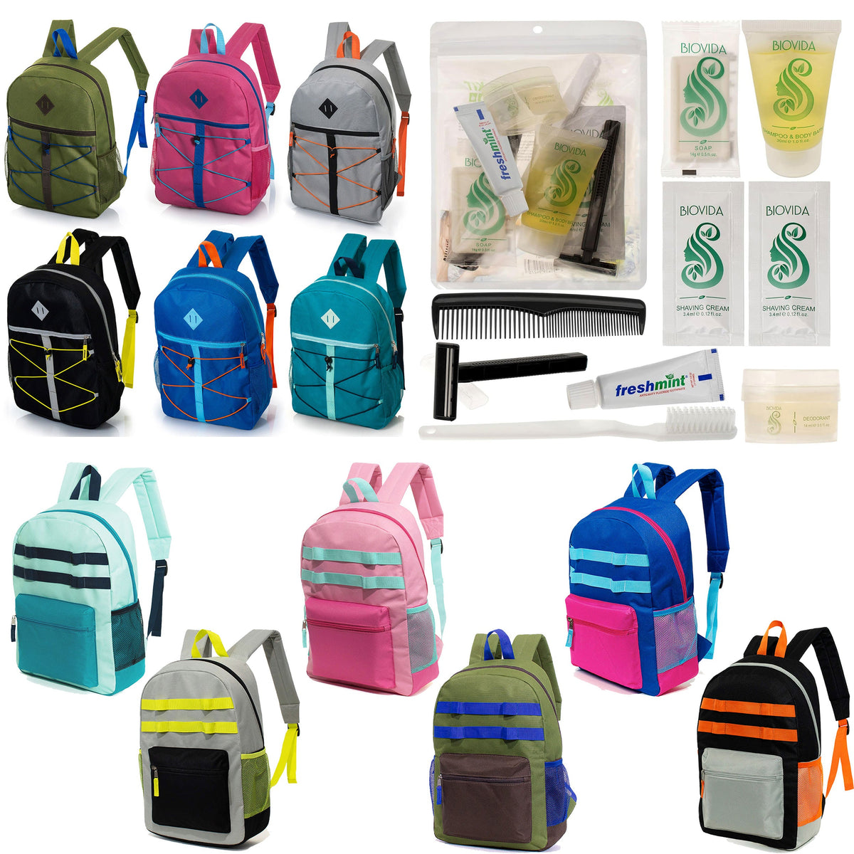 12 Daisy Chain & Bungee Design 17" Backpacks & Your Choice of 12 Bulk Hygiene Kits - Wholesale Care Package: Homeless, Emergency, Charity