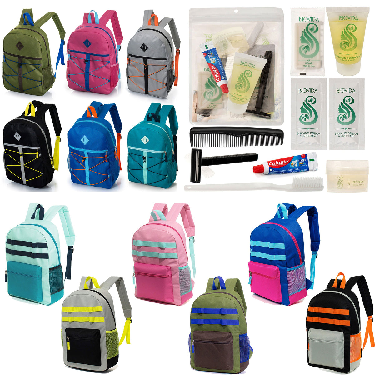 12 Daisy Chain & Bungee Design 17" Backpacks & Your Choice of 12 Bulk Hygiene Kits - Wholesale Care Package: Homeless, Emergency, Charity