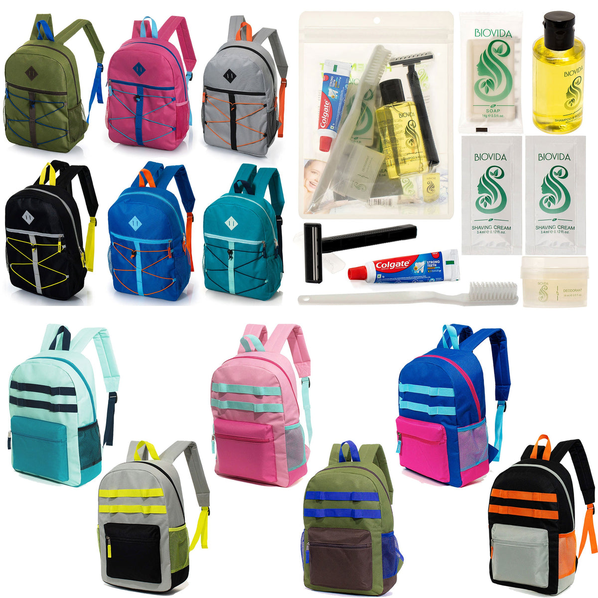 12 Daisy Chain & Bungee Design 17" Backpacks & Your Choice of 12 Bulk Hygiene Kits - Wholesale Care Package: Homeless, Emergency, Charity