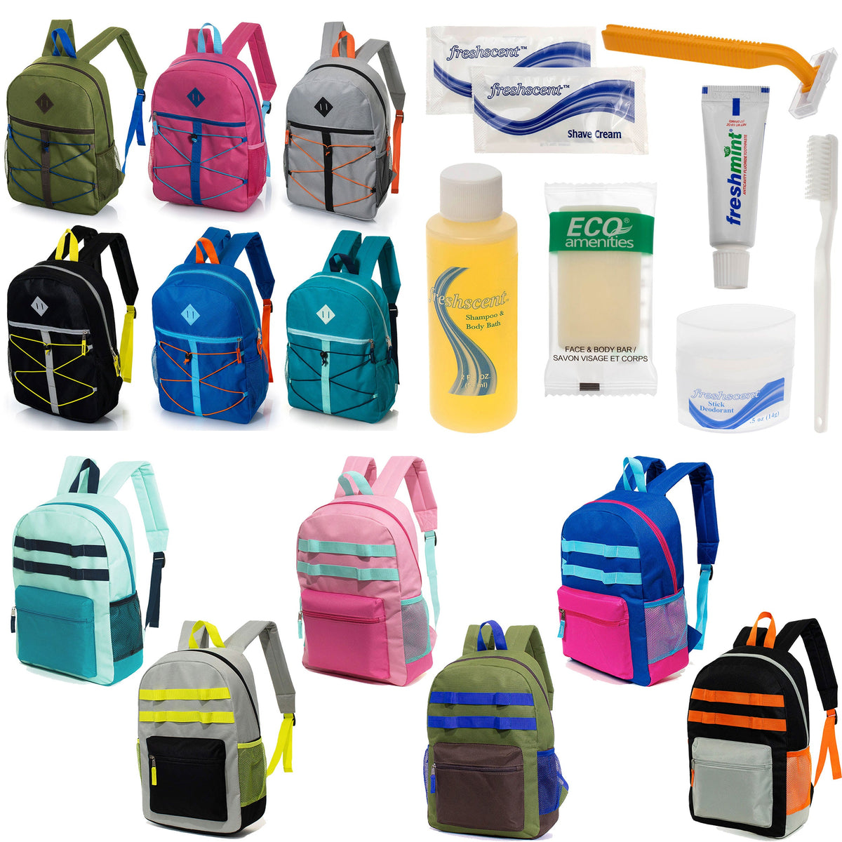 12 Daisy Chain & Bungee Design 17" Backpacks & Your Choice of 12 Bulk Hygiene Kits - Wholesale Care Package: Homeless, Emergency, Charity