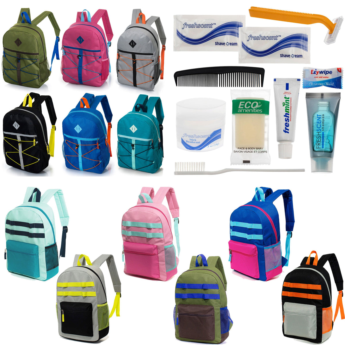 12 Daisy Chain & Bungee Design 17" Backpacks & Your Choice of 12 Bulk Hygiene Kits - Wholesale Care Package: Homeless, Emergency, Charity