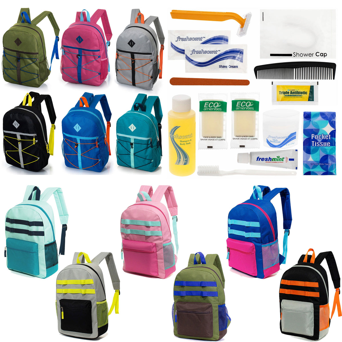 12 Daisy Chain & Bungee Design 17" Backpacks & Your Choice of 12 Bulk Hygiene Kits - Wholesale Care Package: Homeless, Emergency, Charity