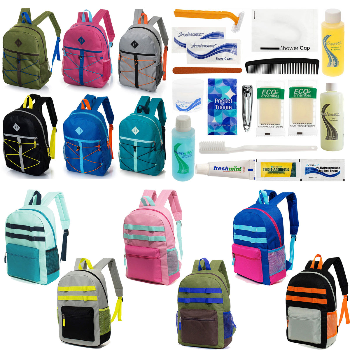 12 Daisy Chain & Bungee Design 17" Backpacks & Your Choice of 12 Bulk Hygiene Kits - Wholesale Care Package: Homeless, Emergency, Charity