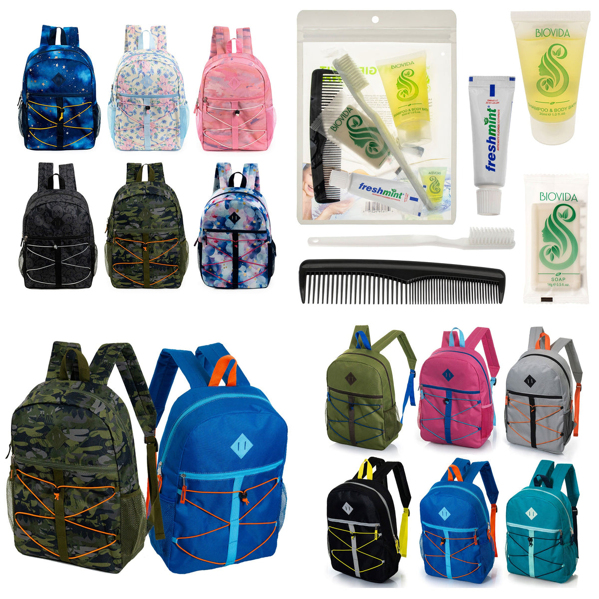 12 Bungee Cord Style 17" Backpacks & Your Choice of 12 Bulk Hygiene Kits - Wholesale Care Package: Homeless, Emergency, Charity