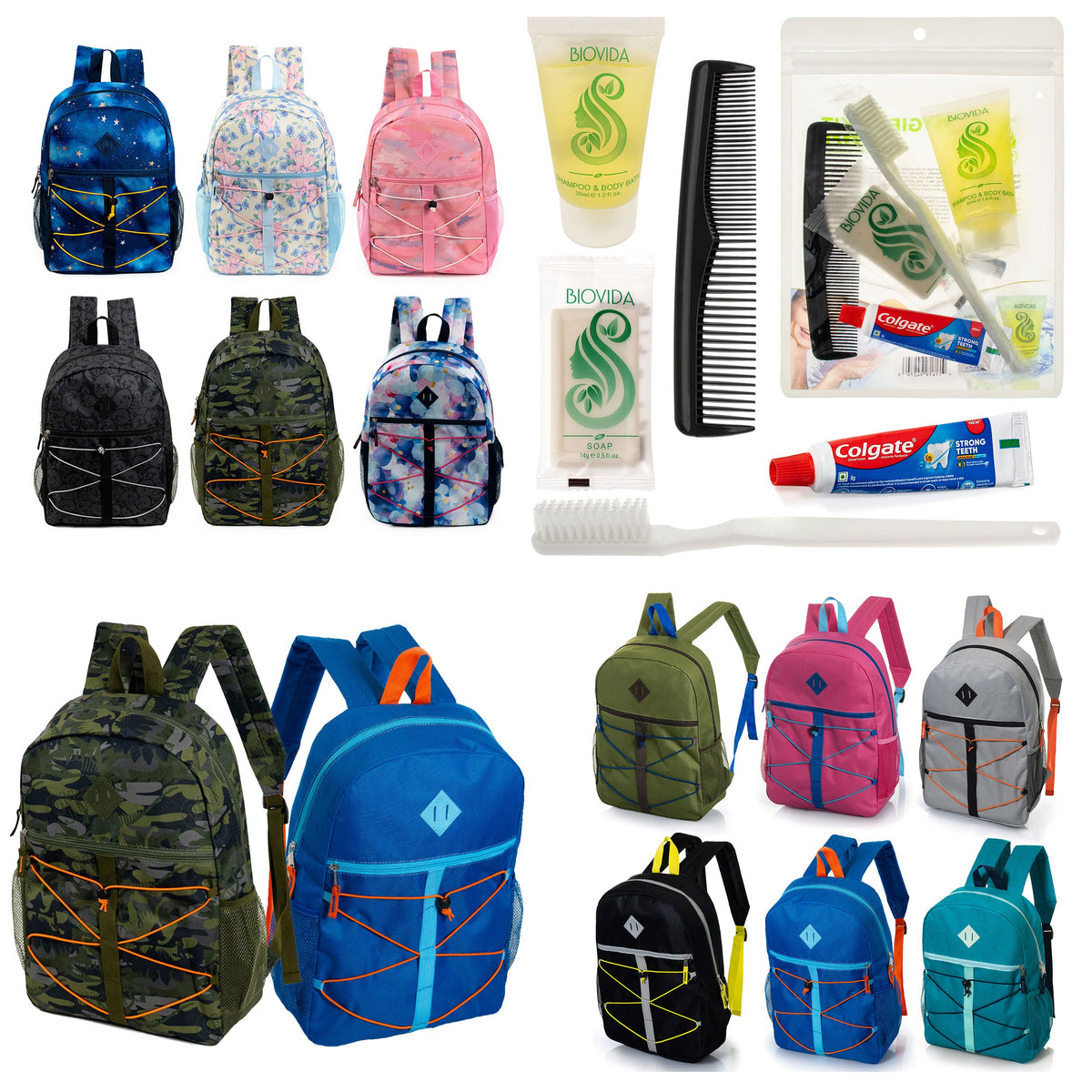 12 Bungee Cord Style 17" Backpacks & Your Choice of 12 Bulk Hygiene Kits - Wholesale Care Package: Homeless, Emergency, Charity