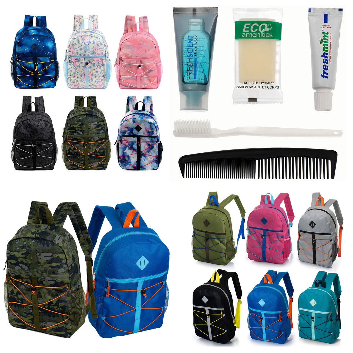 12 Bungee Cord Style 17" Backpacks & Your Choice of 12 Bulk Hygiene Kits - Wholesale Care Package: Homeless, Emergency, Charity