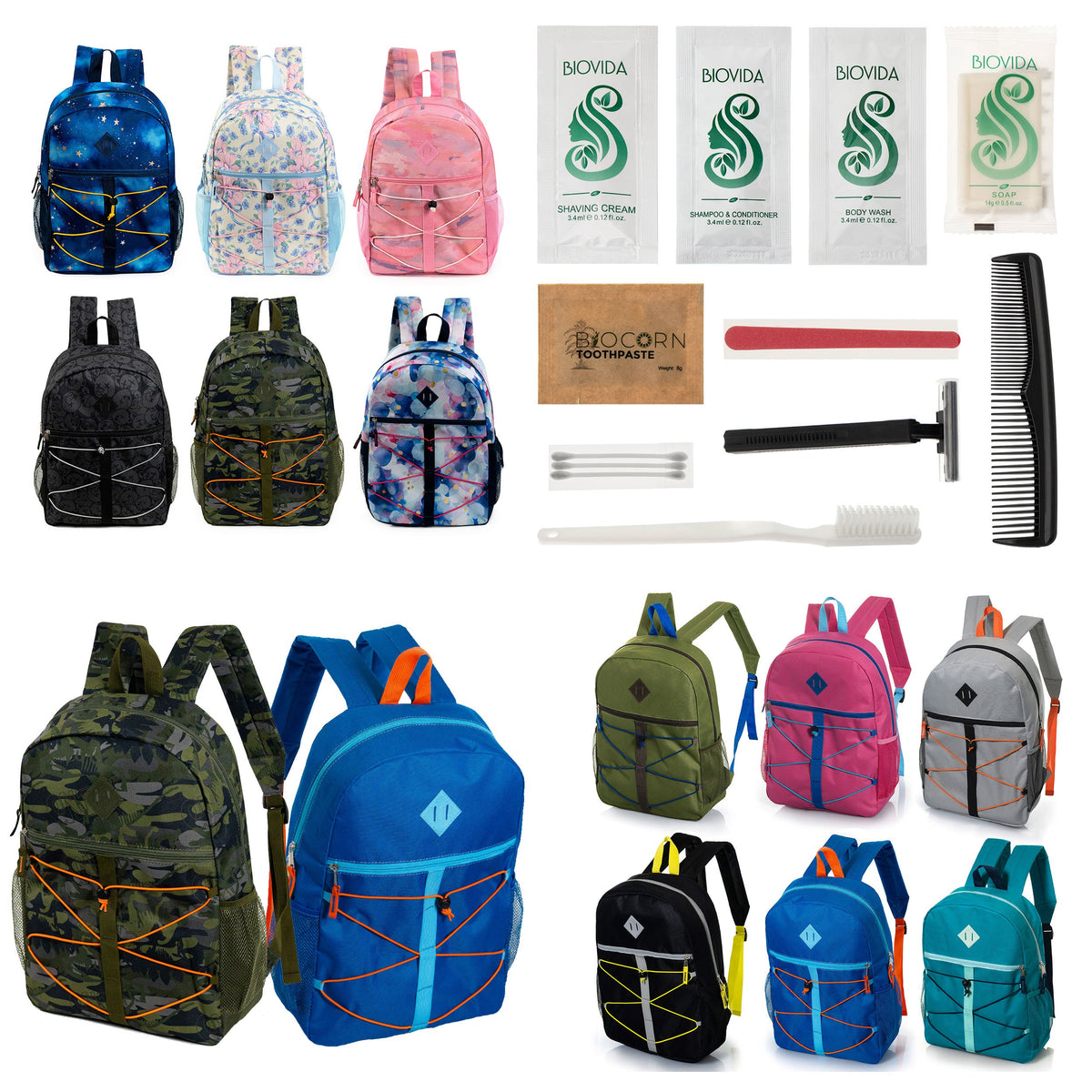 12 Bungee Cord Style 17" Backpacks & Your Choice of 12 Bulk Hygiene Kits - Wholesale Care Package: Homeless, Emergency, Charity