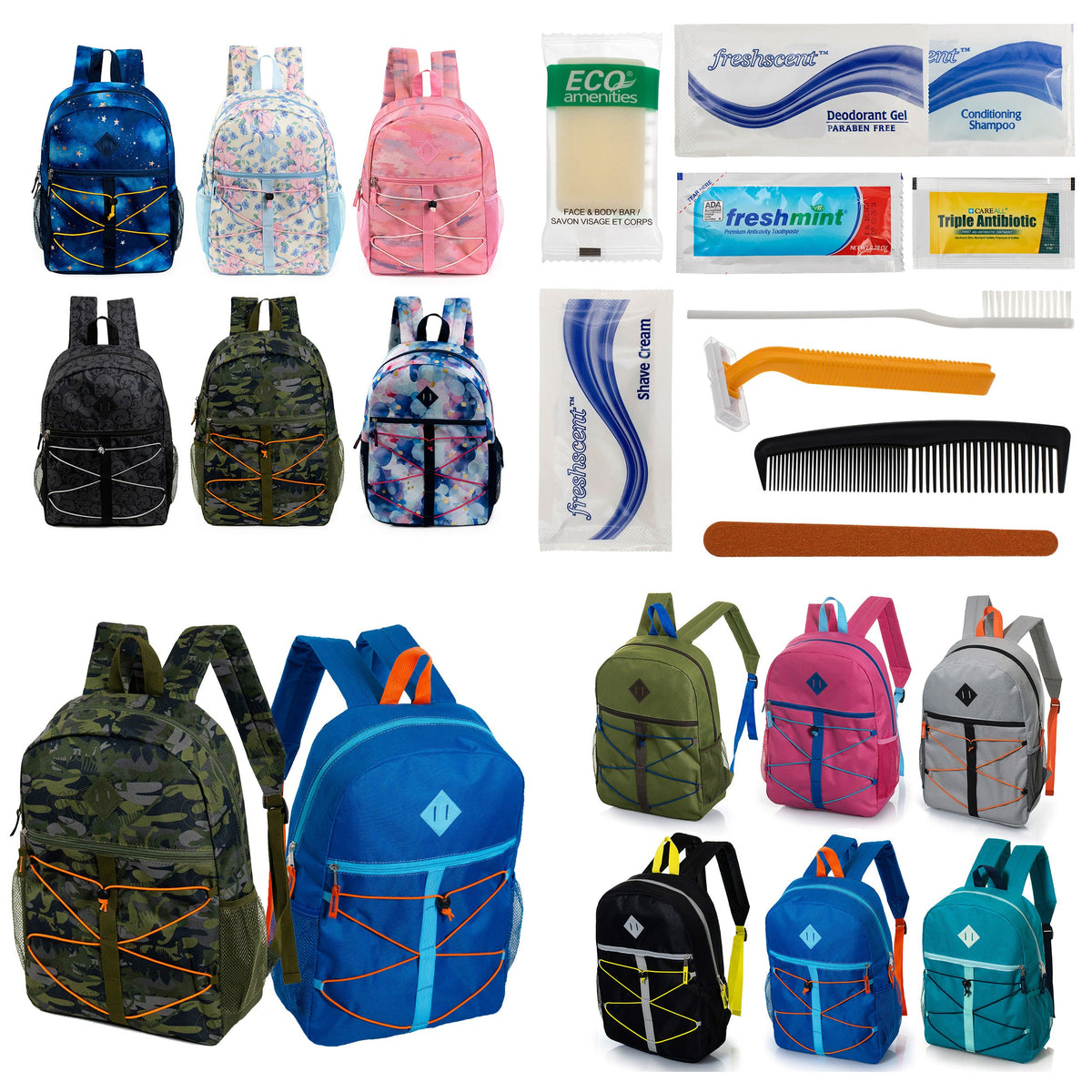12 Bungee Cord Style 17" Backpacks & Your Choice of 12 Bulk Hygiene Kits - Wholesale Care Package: Homeless, Emergency, Charity