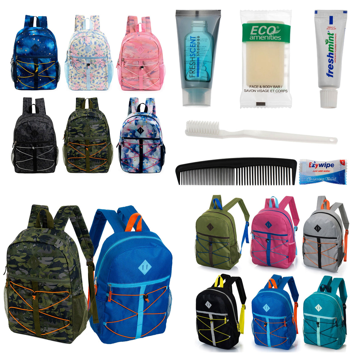 12 Bungee Cord Style 17" Backpacks & Your Choice of 12 Bulk Hygiene Kits - Wholesale Care Package: Homeless, Emergency, Charity