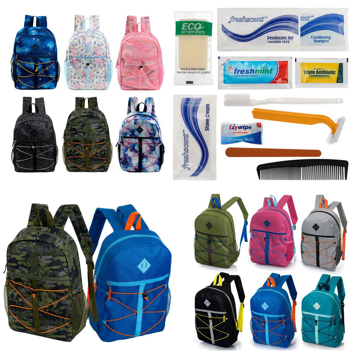 12 Bungee Cord Style 17" Backpacks & Your Choice of 12 Bulk Hygiene Kits - Wholesale Care Package: Homeless, Emergency, Charity