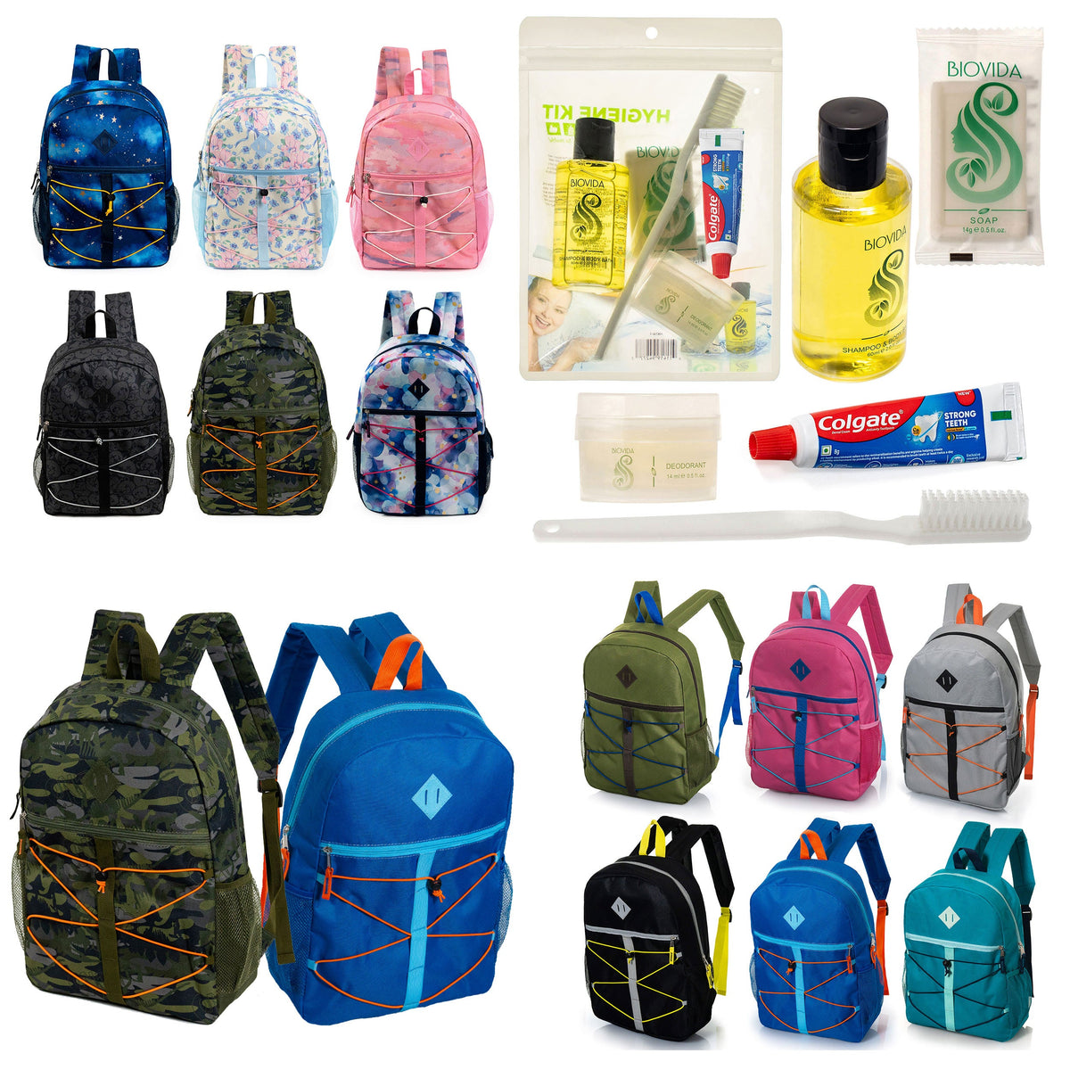 12 Bungee Cord Style 17" Backpacks & Your Choice of 12 Bulk Hygiene Kits - Wholesale Care Package: Homeless, Emergency, Charity