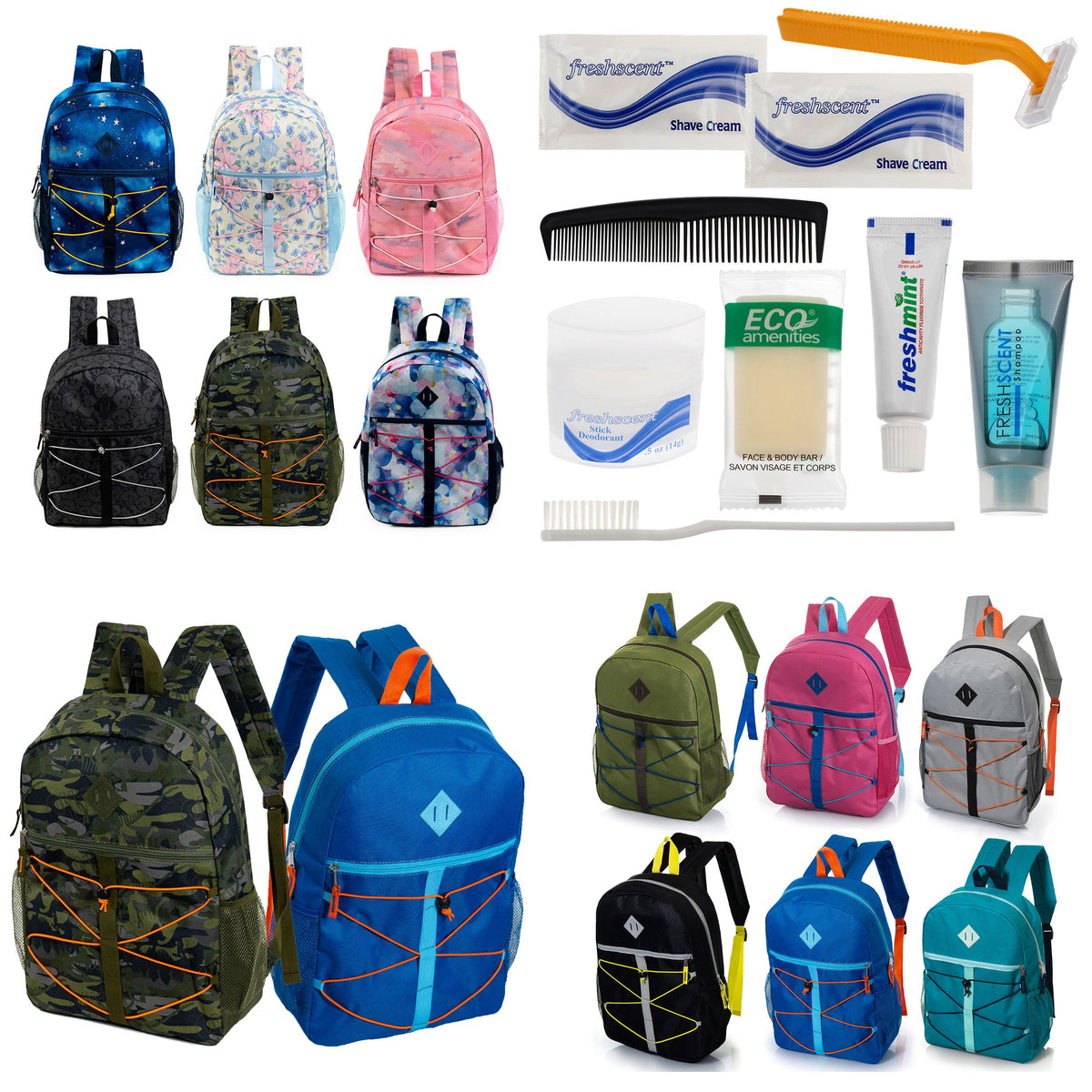 12 Bungee Cord Style 17" Backpacks & Your Choice of 12 Bulk Hygiene Kits - Wholesale Care Package: Homeless, Emergency, Charity