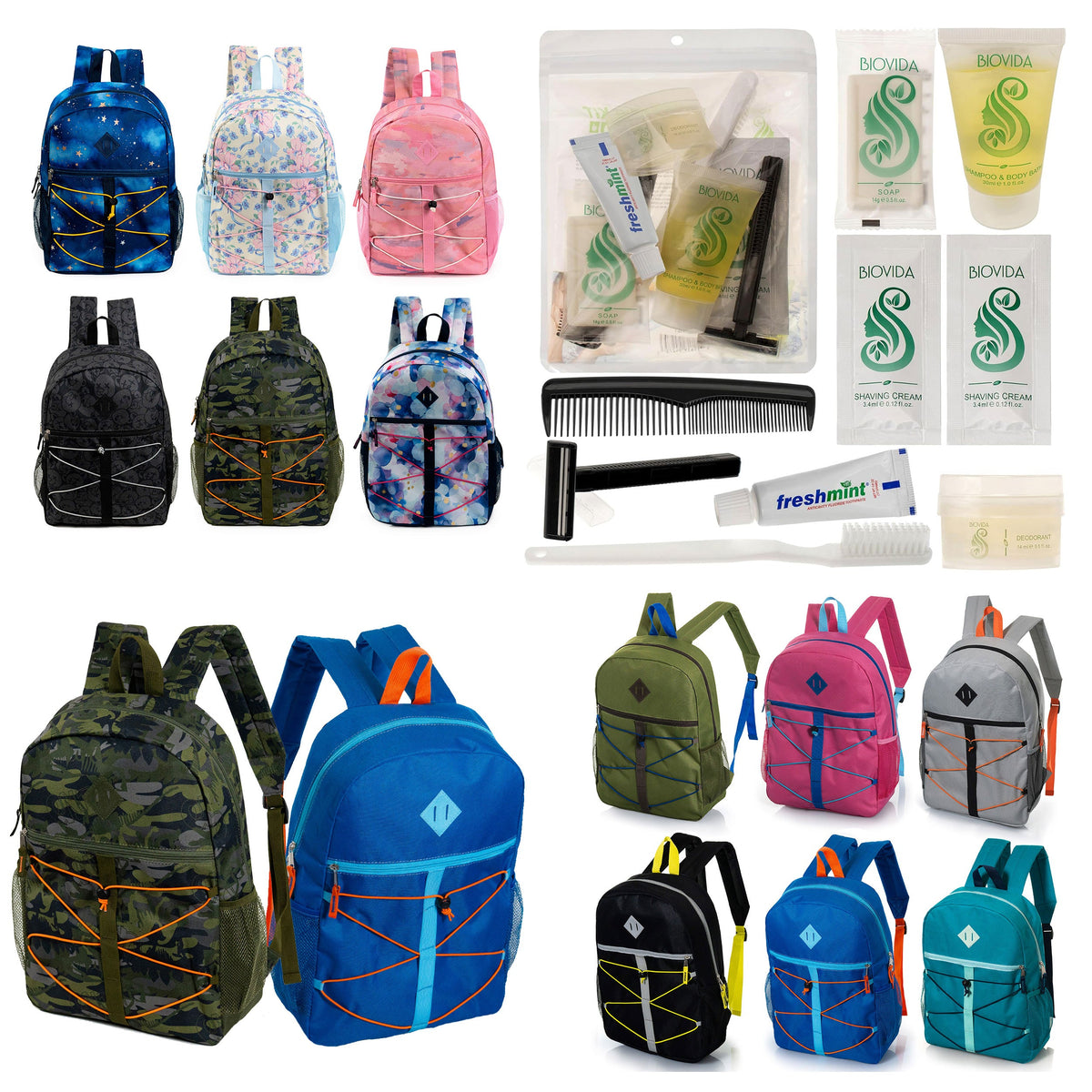 12 Bungee Cord Style 17" Backpacks & Your Choice of 12 Bulk Hygiene Kits - Wholesale Care Package: Homeless, Emergency, Charity