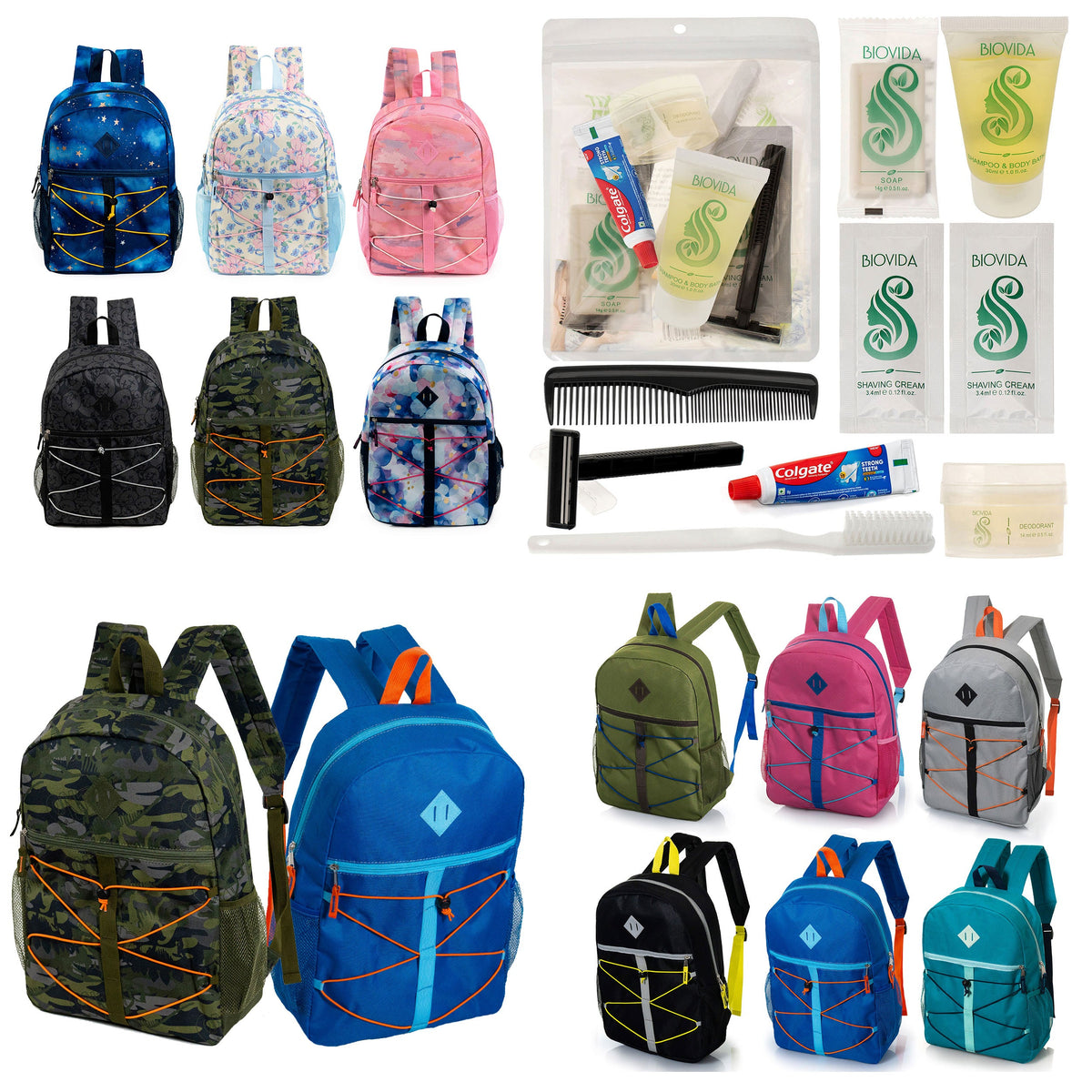 12 Bungee Cord Style 17" Backpacks & Your Choice of 12 Bulk Hygiene Kits - Wholesale Care Package: Homeless, Emergency, Charity