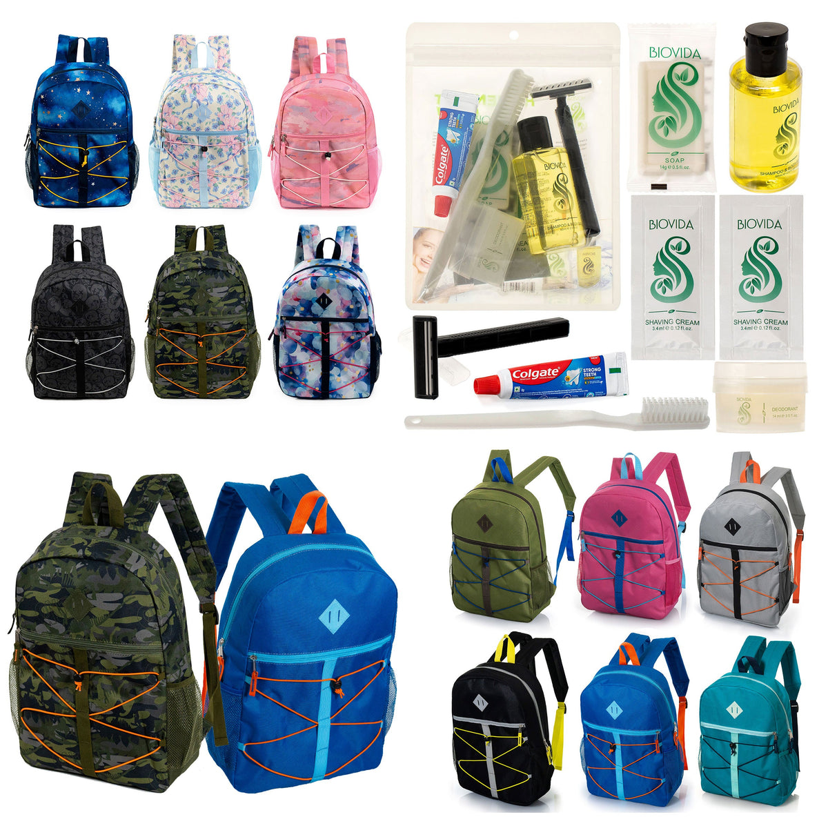 12 Bungee Cord Style 17" Backpacks & Your Choice of 12 Bulk Hygiene Kits - Wholesale Care Package: Homeless, Emergency, Charity