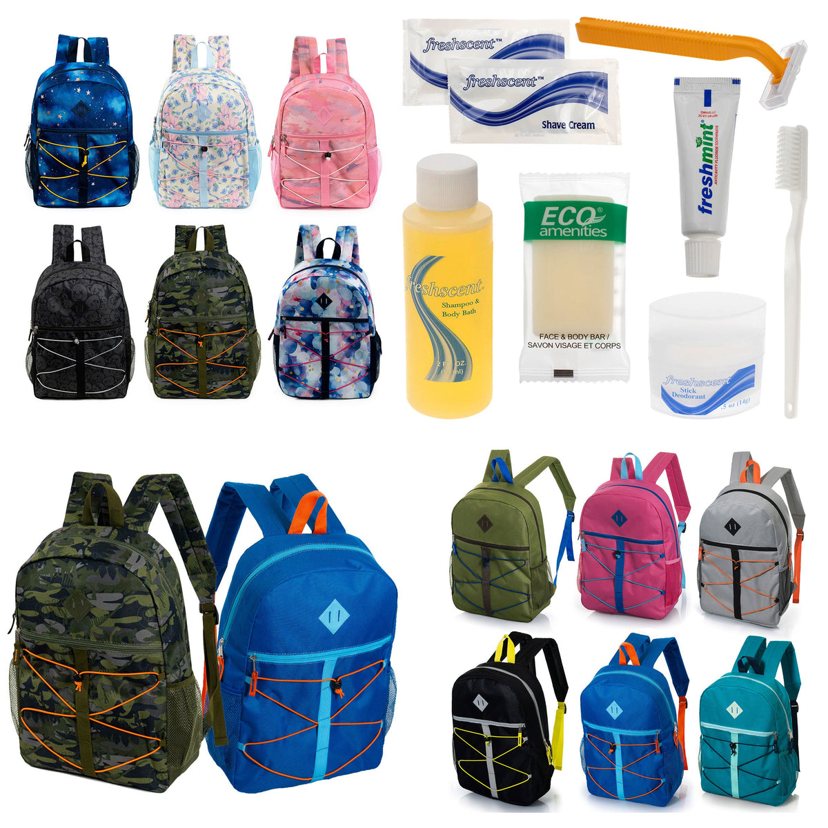 12 Bungee Cord Style 17" Backpacks & Your Choice of 12 Bulk Hygiene Kits - Wholesale Care Package: Homeless, Emergency, Charity