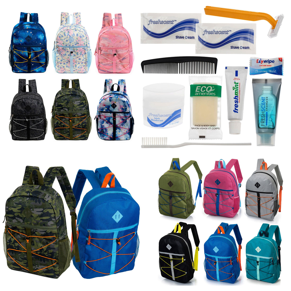 12 Bungee Cord Style 17" Backpacks & Your Choice of 12 Bulk Hygiene Kits - Wholesale Care Package: Homeless, Emergency, Charity
