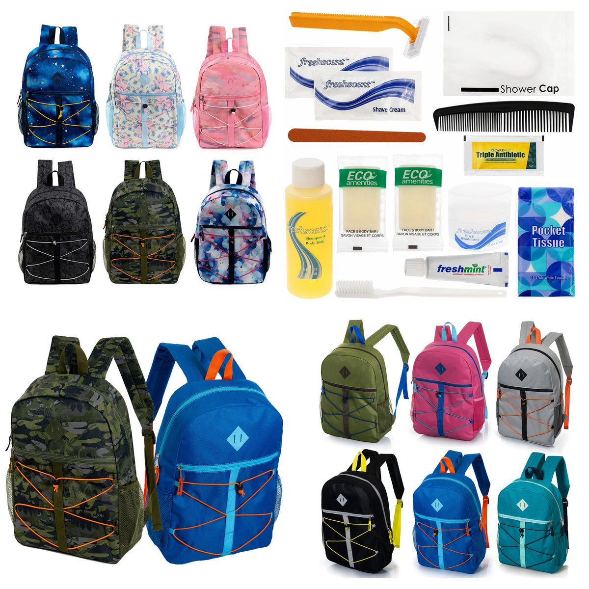 12 Bungee Cord Style 17" Backpacks & Your Choice of 12 Bulk Hygiene Kits - Wholesale Care Package: Homeless, Emergency, Charity