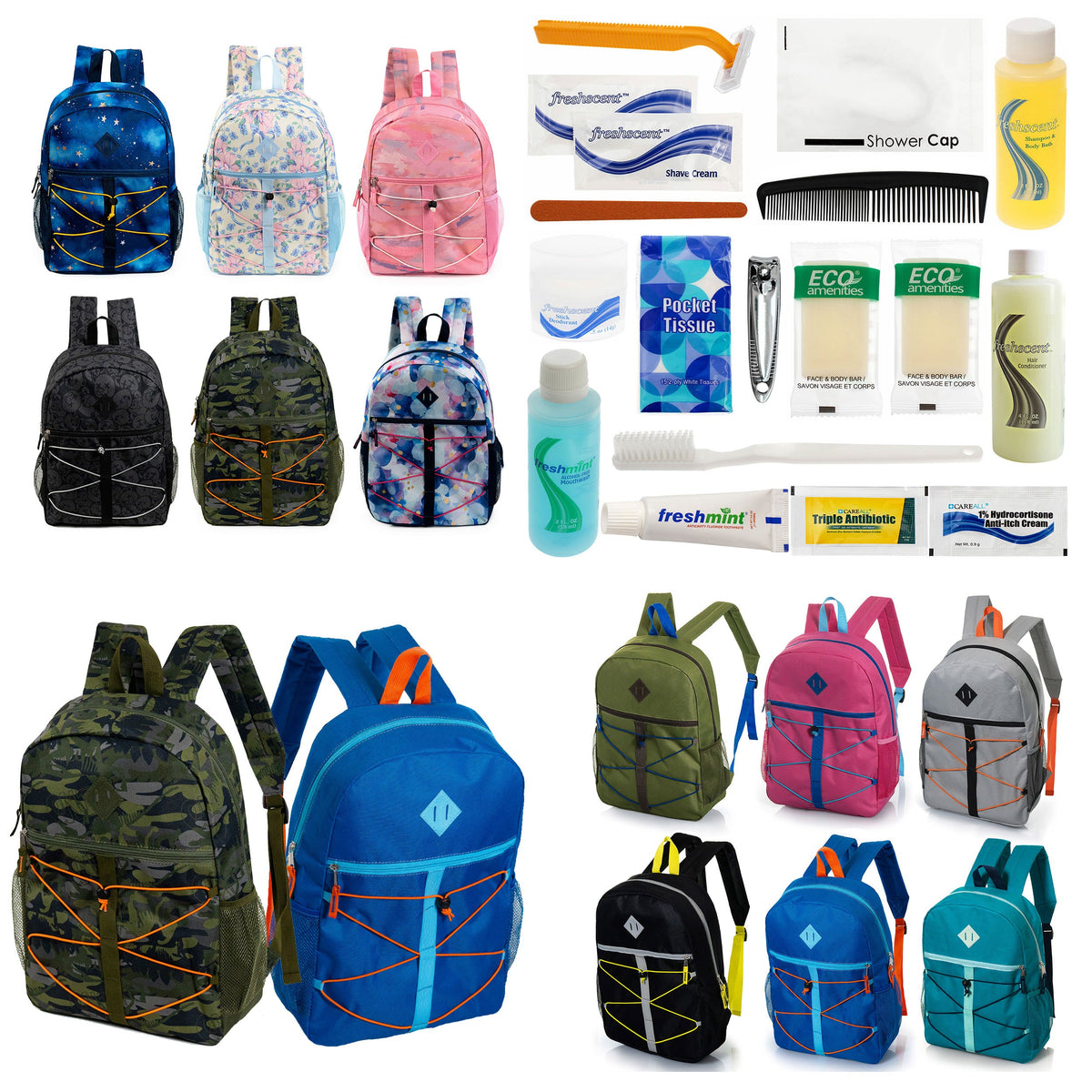 12 Bungee Cord Style 17" Backpacks & Your Choice of 12 Bulk Hygiene Kits - Wholesale Care Package: Homeless, Emergency, Charity