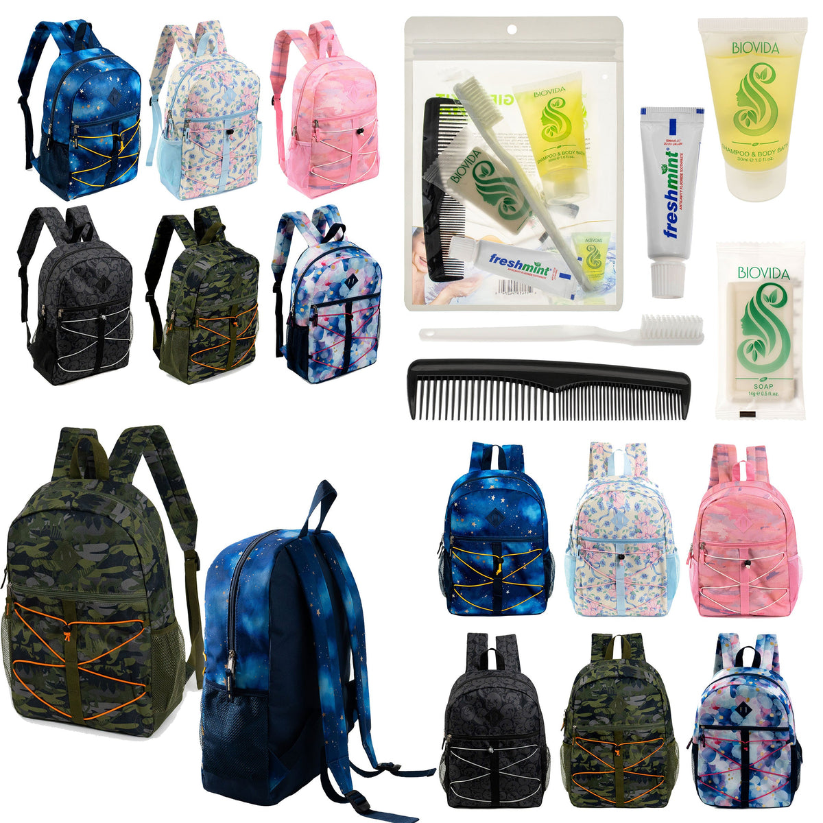 12 Bungee 17" Backpacks in Assorted Prints & Your Choice of 12 Bulk Hygiene Kits - Wholesale Care Package: Homeless, Emergency, Charity