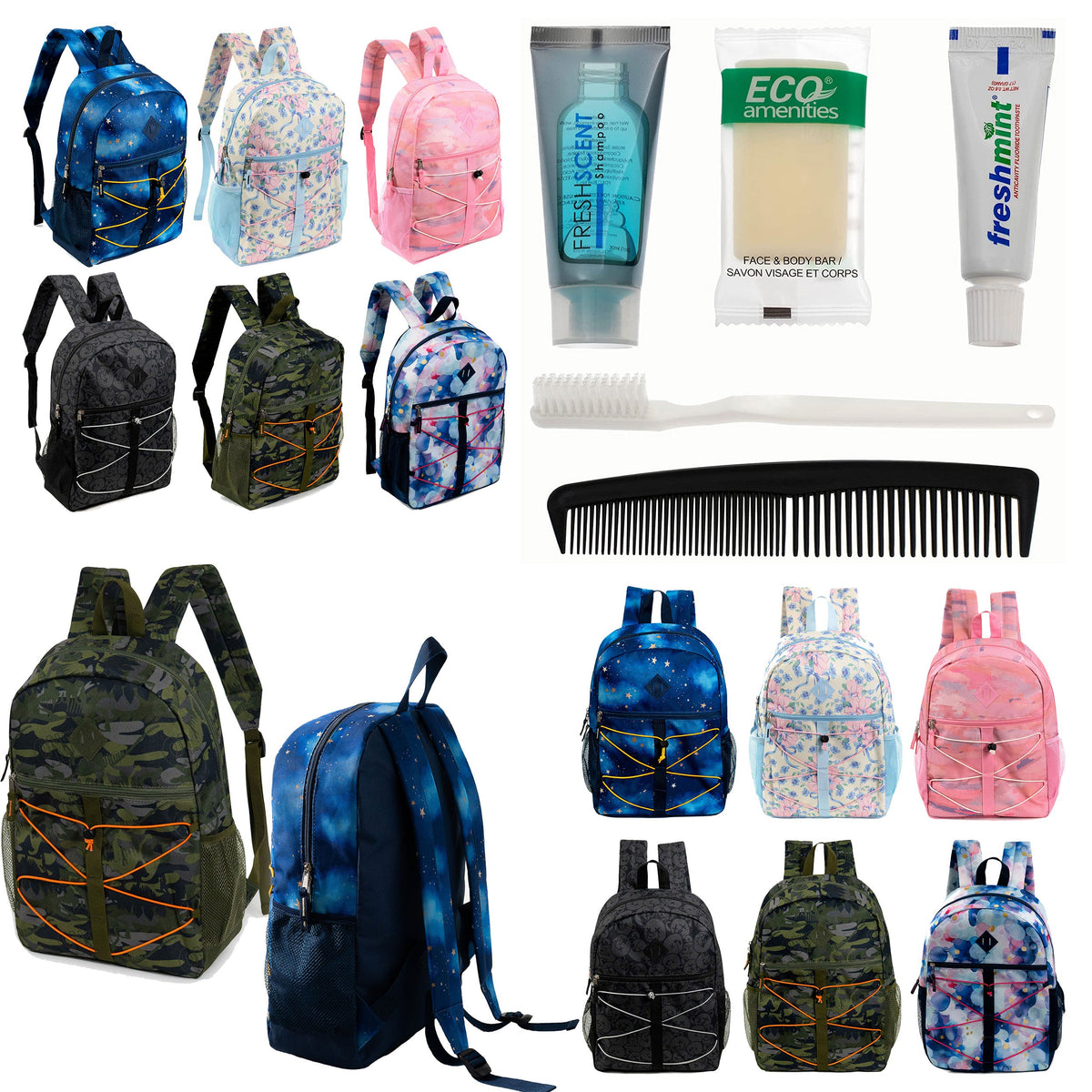 12 Bungee 17" Backpacks in Assorted Prints & Your Choice of 12 Bulk Hygiene Kits - Wholesale Care Package: Homeless, Emergency, Charity