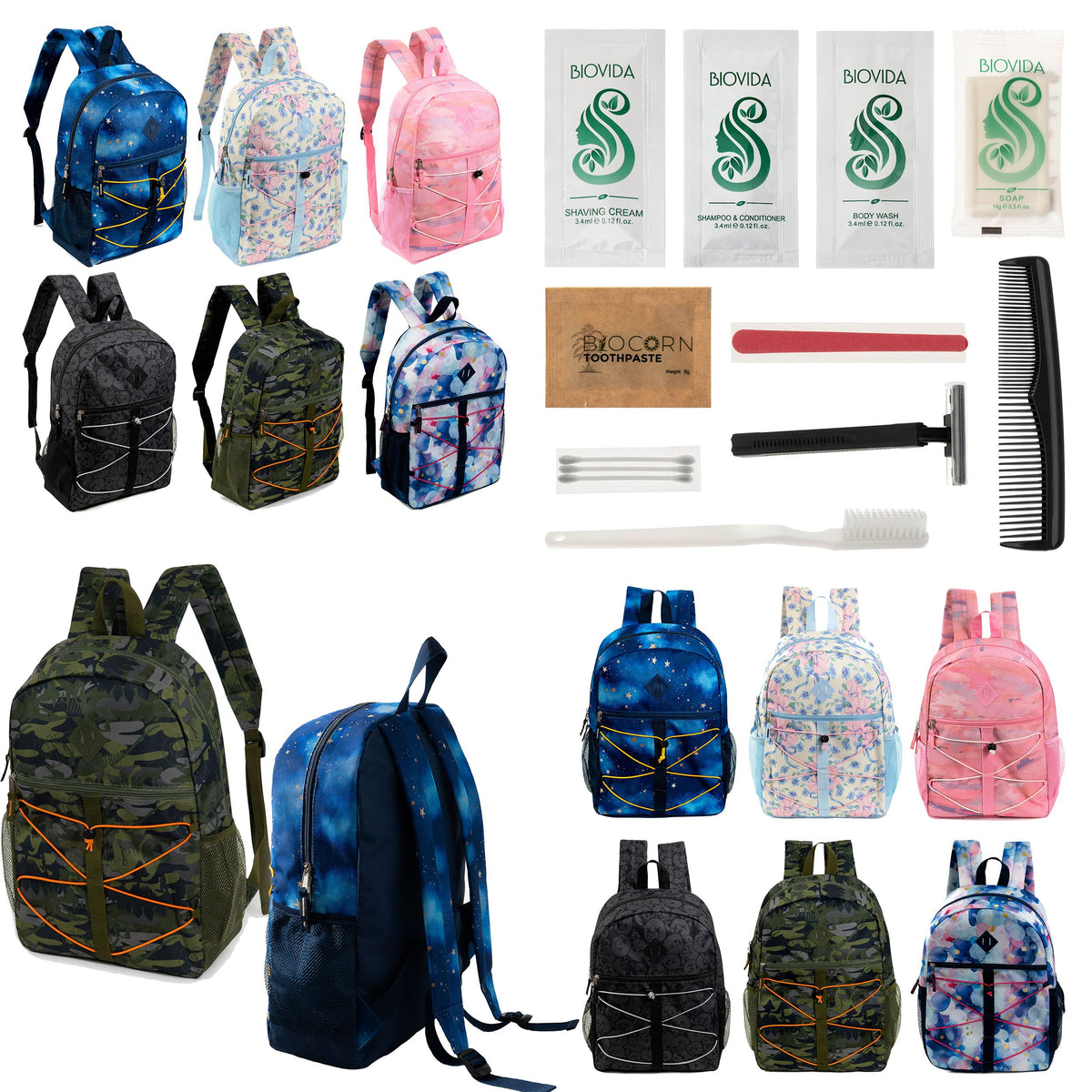 12 Bungee 17" Backpacks in Assorted Prints & Your Choice of 12 Bulk Hygiene Kits - Wholesale Care Package: Homeless, Emergency, Charity