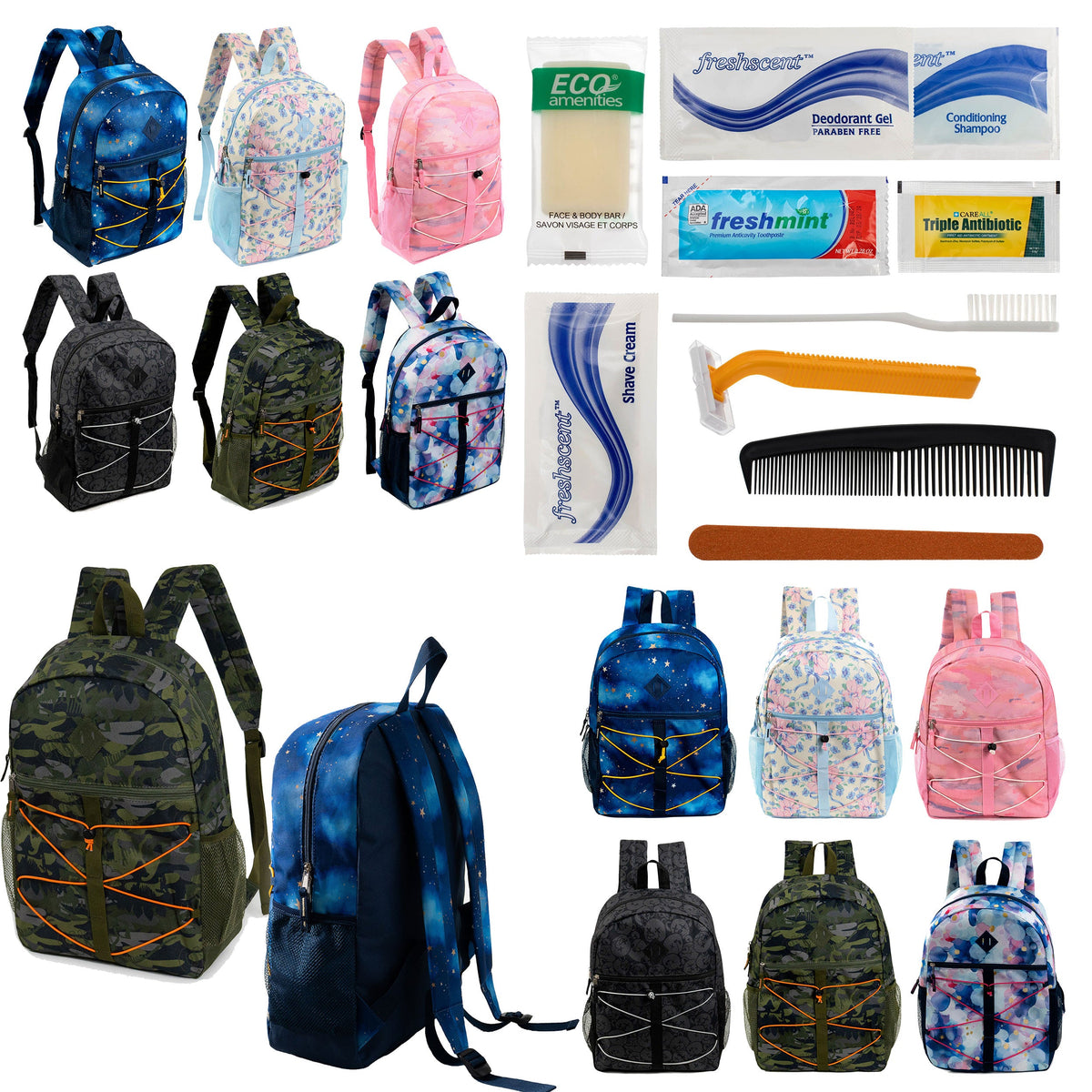 12 Bungee 17" Backpacks in Assorted Prints & Your Choice of 12 Bulk Hygiene Kits - Wholesale Care Package: Homeless, Emergency, Charity