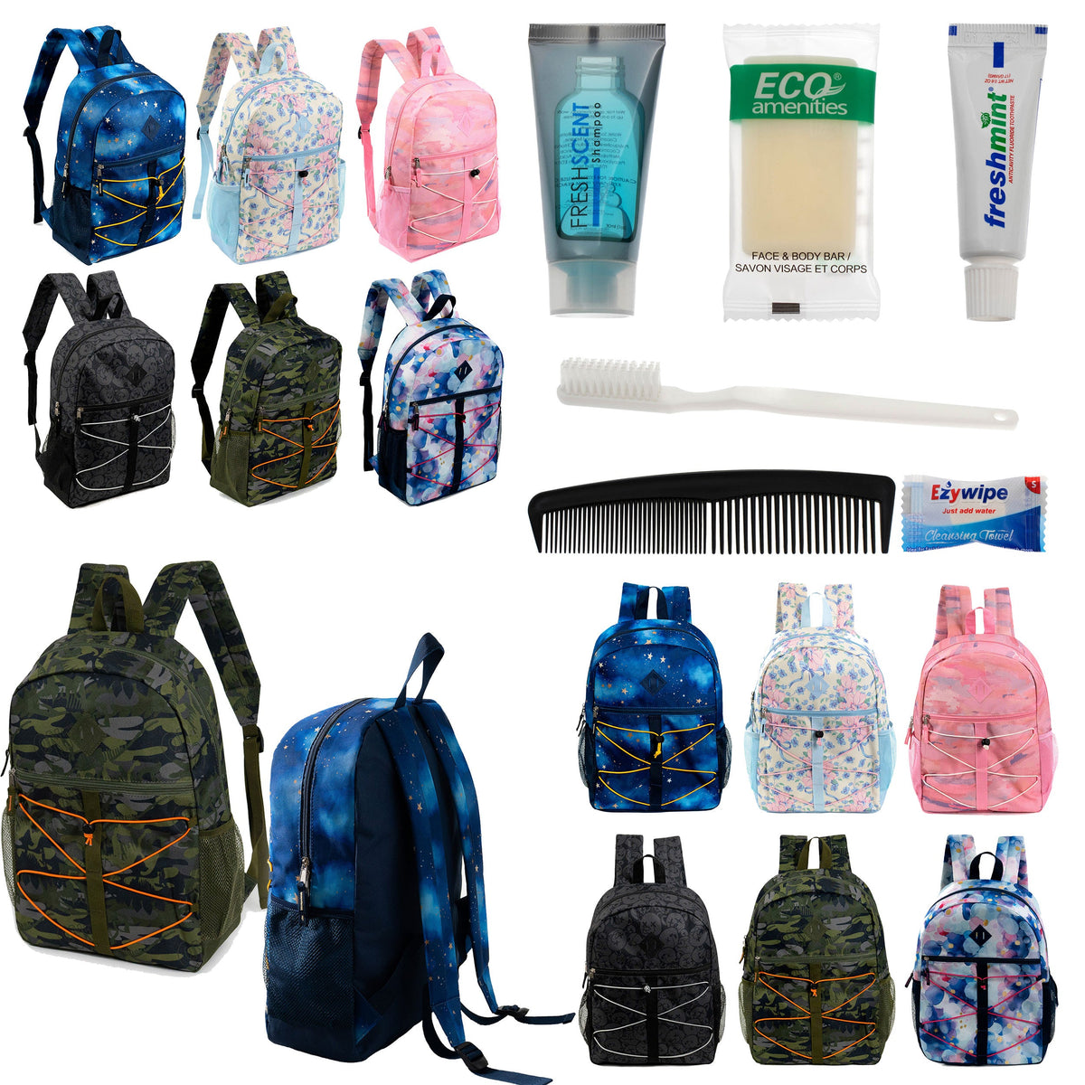 12 Bungee 17" Backpacks in Assorted Prints & Your Choice of 12 Bulk Hygiene Kits - Wholesale Care Package: Homeless, Emergency, Charity