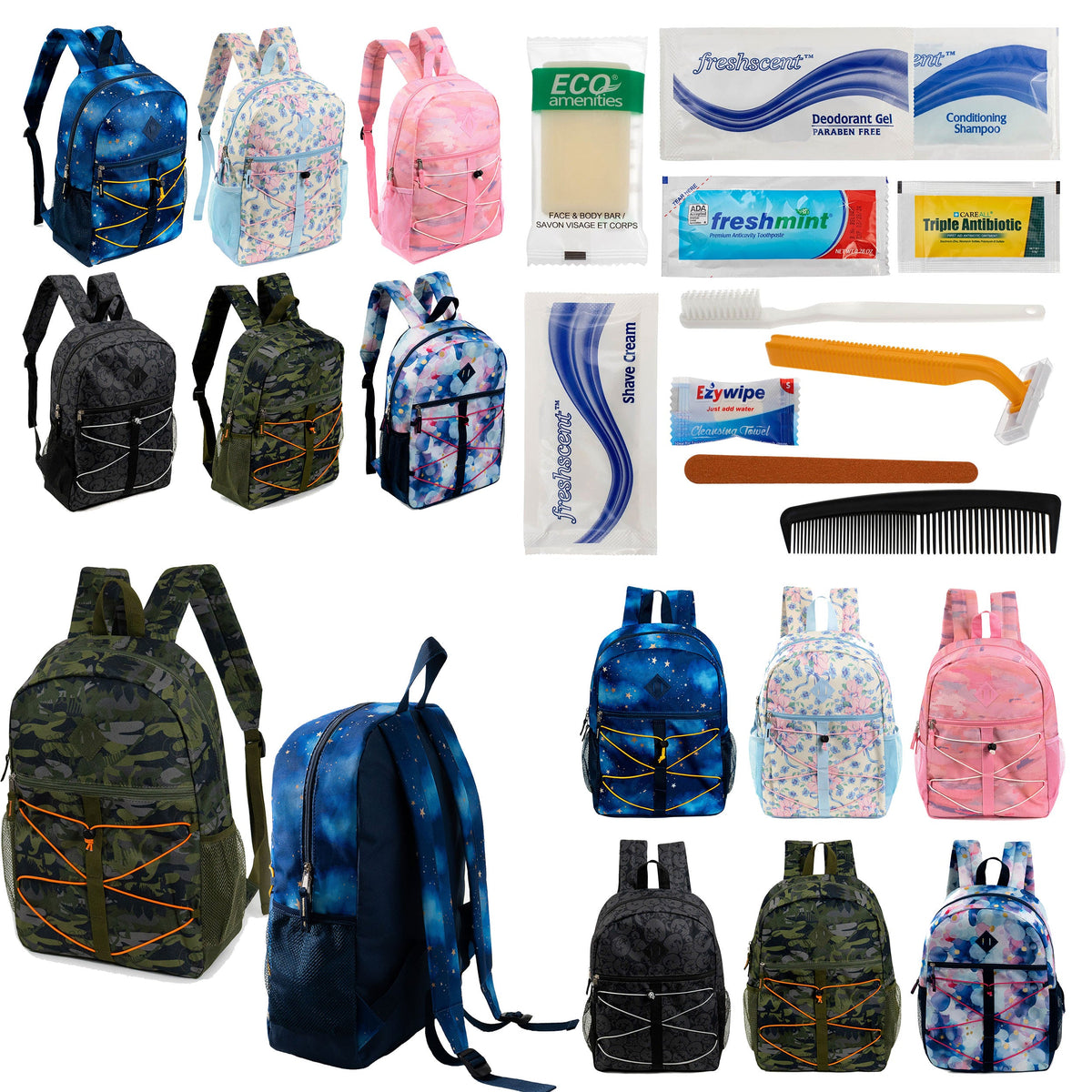 12 Bungee 17" Backpacks in Assorted Prints & Your Choice of 12 Bulk Hygiene Kits - Wholesale Care Package: Homeless, Emergency, Charity