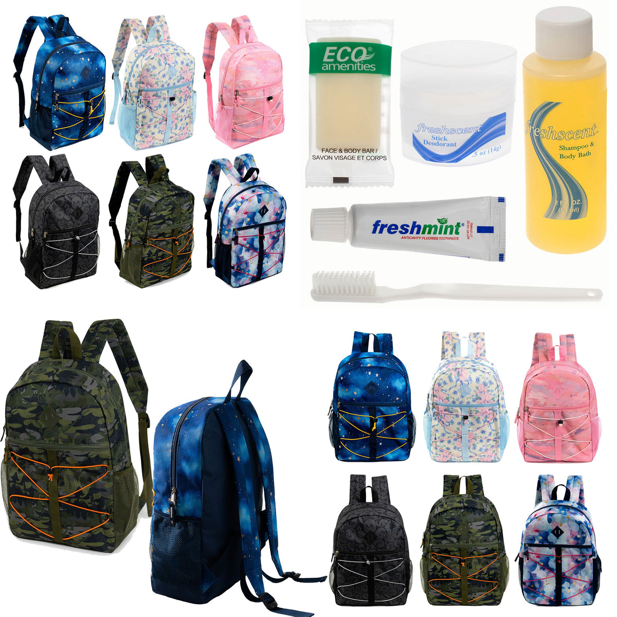 12 Bungee 17" Backpacks in Assorted Prints & Your Choice of 12 Bulk Hygiene Kits - Wholesale Care Package: Homeless, Emergency, Charity