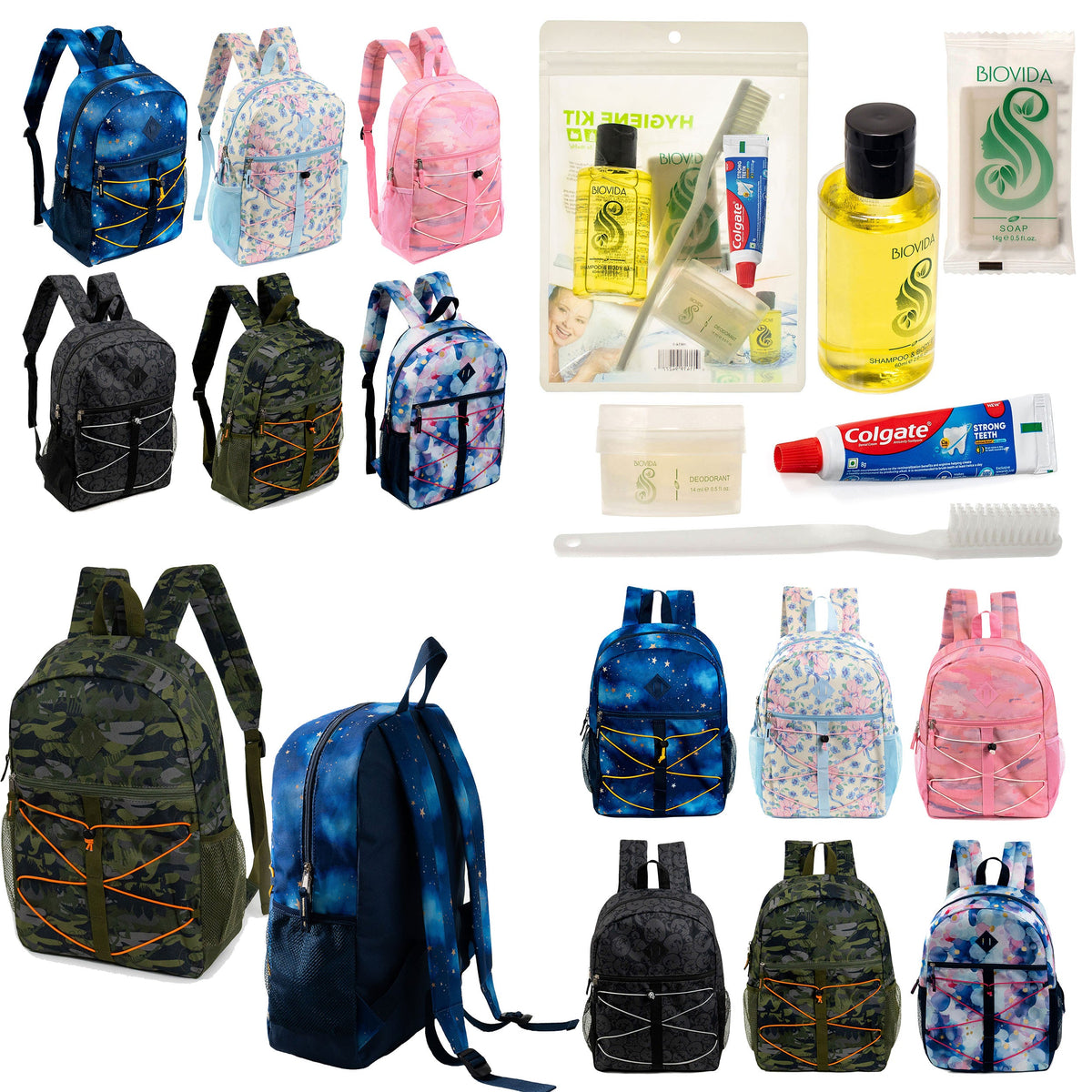 12 Bungee 17" Backpacks in Assorted Prints & Your Choice of 12 Bulk Hygiene Kits - Wholesale Care Package: Homeless, Emergency, Charity