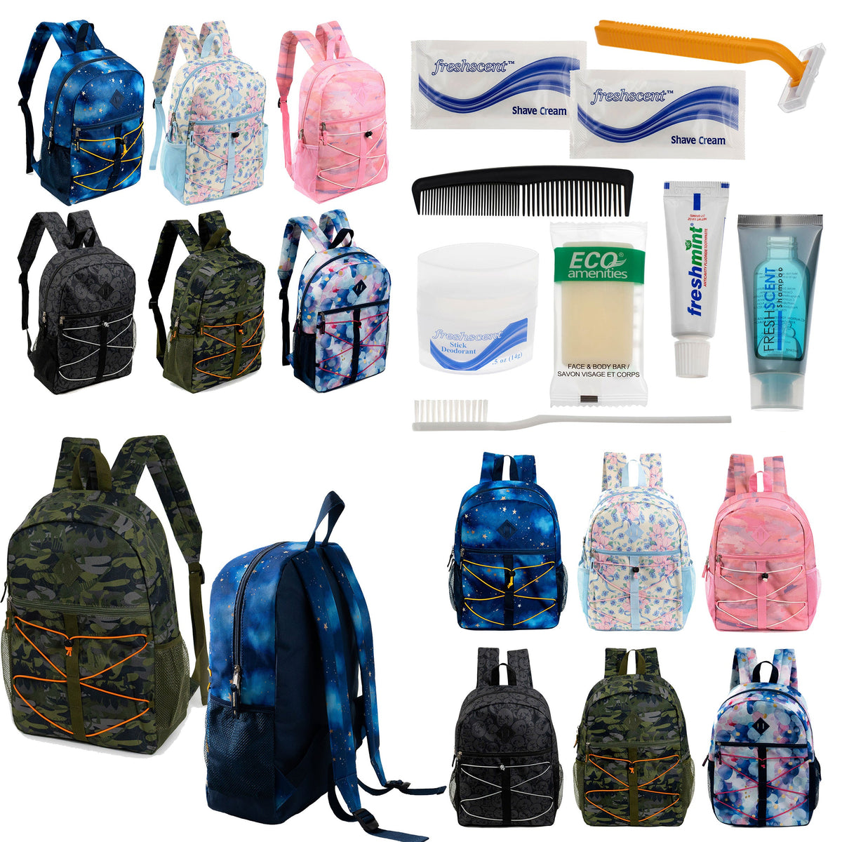 12 Bungee 17" Backpacks in Assorted Prints & Your Choice of 12 Bulk Hygiene Kits - Wholesale Care Package: Homeless, Emergency, Charity