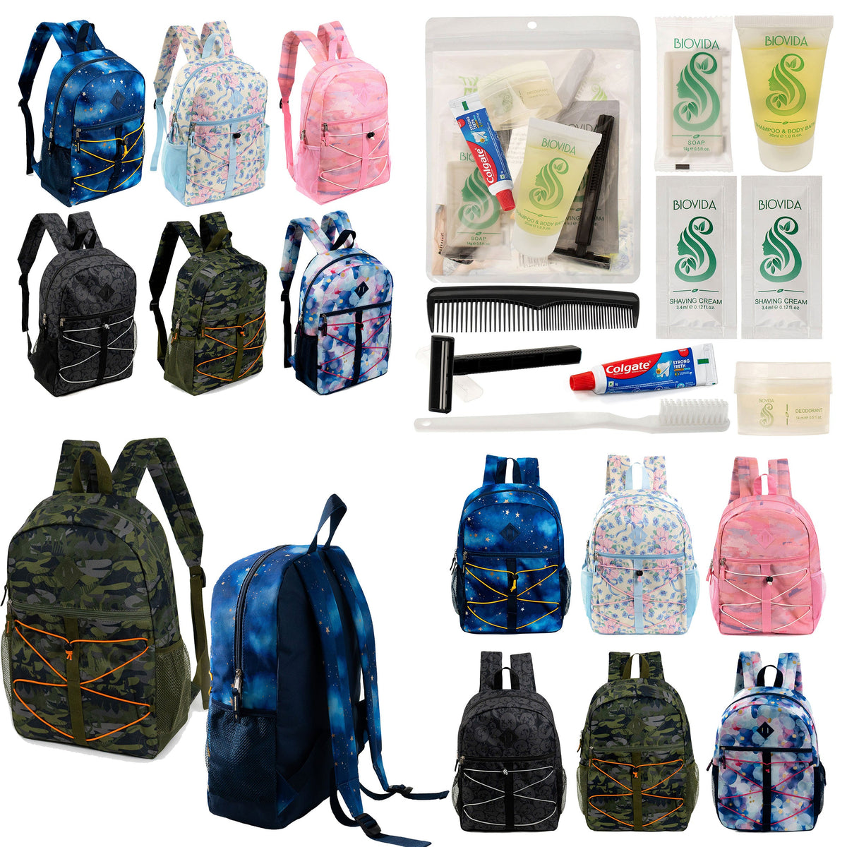 12 Bungee 17" Backpacks in Assorted Prints & Your Choice of 12 Bulk Hygiene Kits - Wholesale Care Package: Homeless, Emergency, Charity