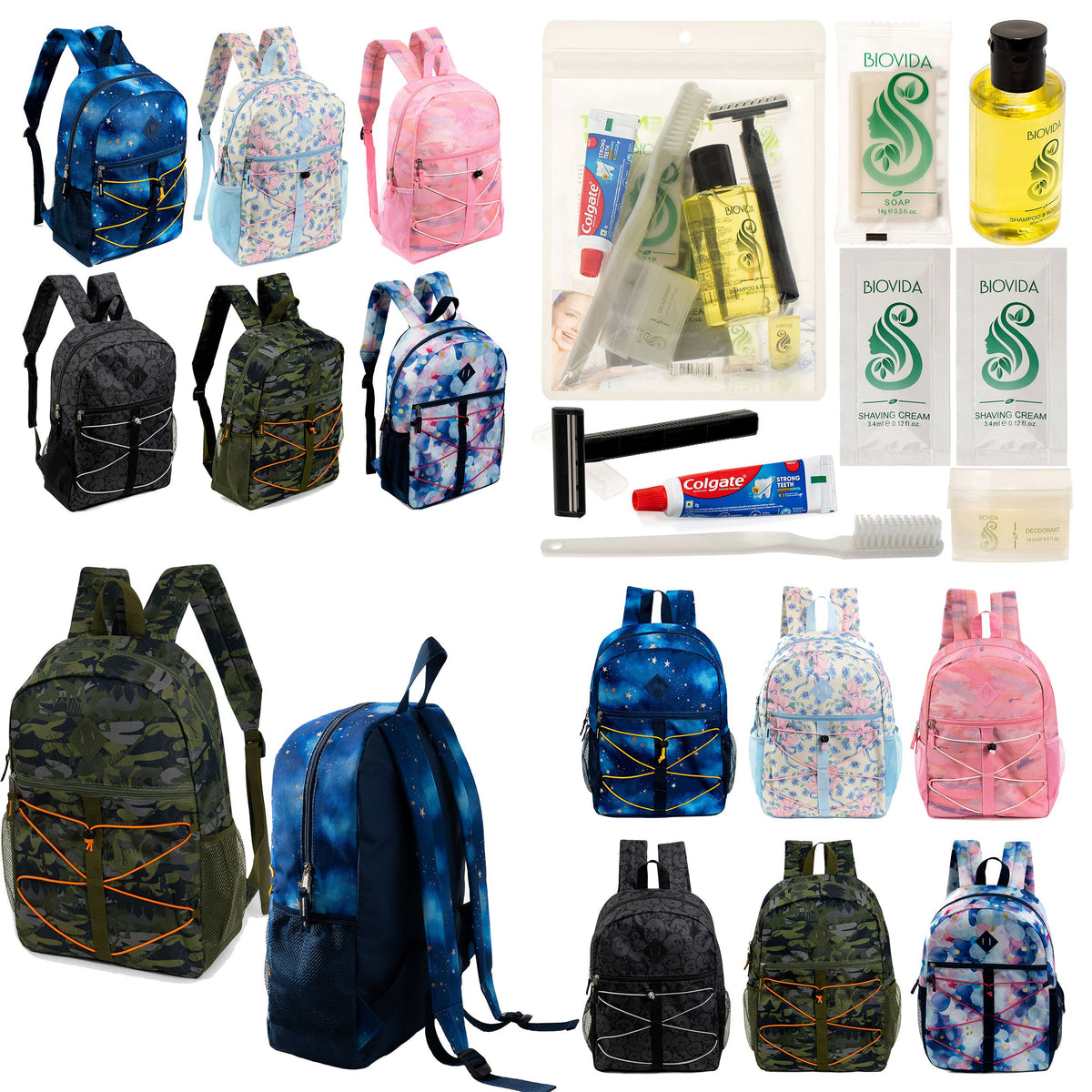 12 Bungee 17" Backpacks in Assorted Prints & Your Choice of 12 Bulk Hygiene Kits - Wholesale Care Package: Homeless, Emergency, Charity