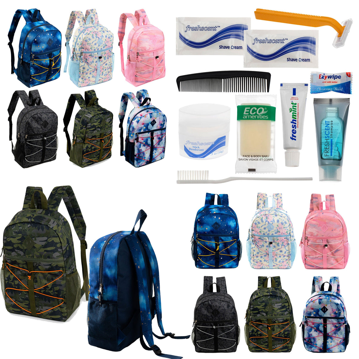 12 Bungee 17" Backpacks in Assorted Prints & Your Choice of 12 Bulk Hygiene Kits - Wholesale Care Package: Homeless, Emergency, Charity