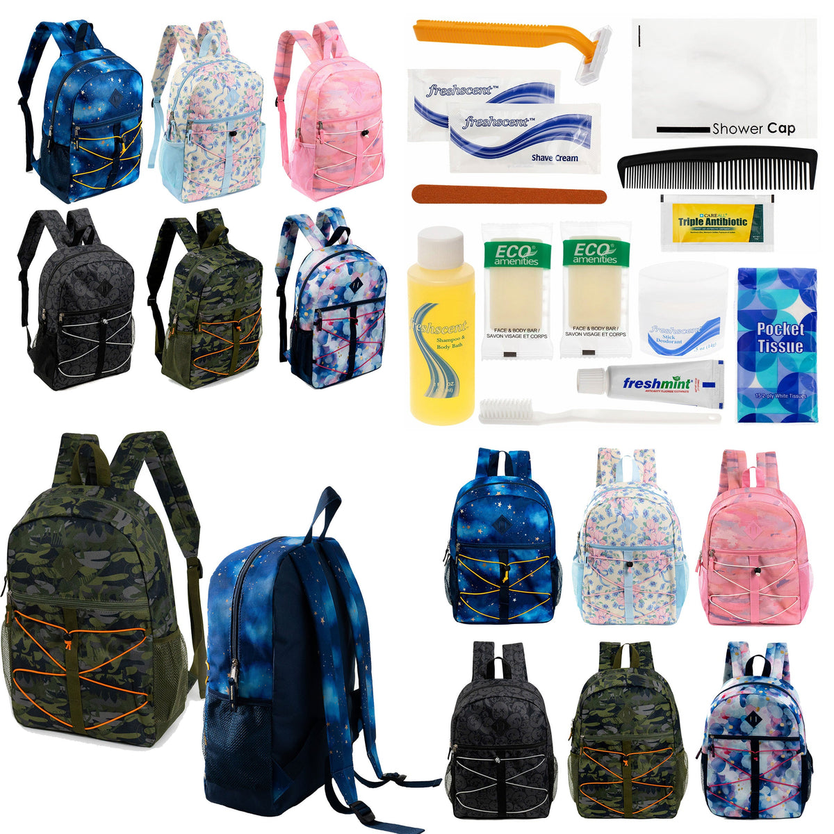 12 Bungee 17" Backpacks in Assorted Prints & Your Choice of 12 Bulk Hygiene Kits - Wholesale Care Package: Homeless, Emergency, Charity